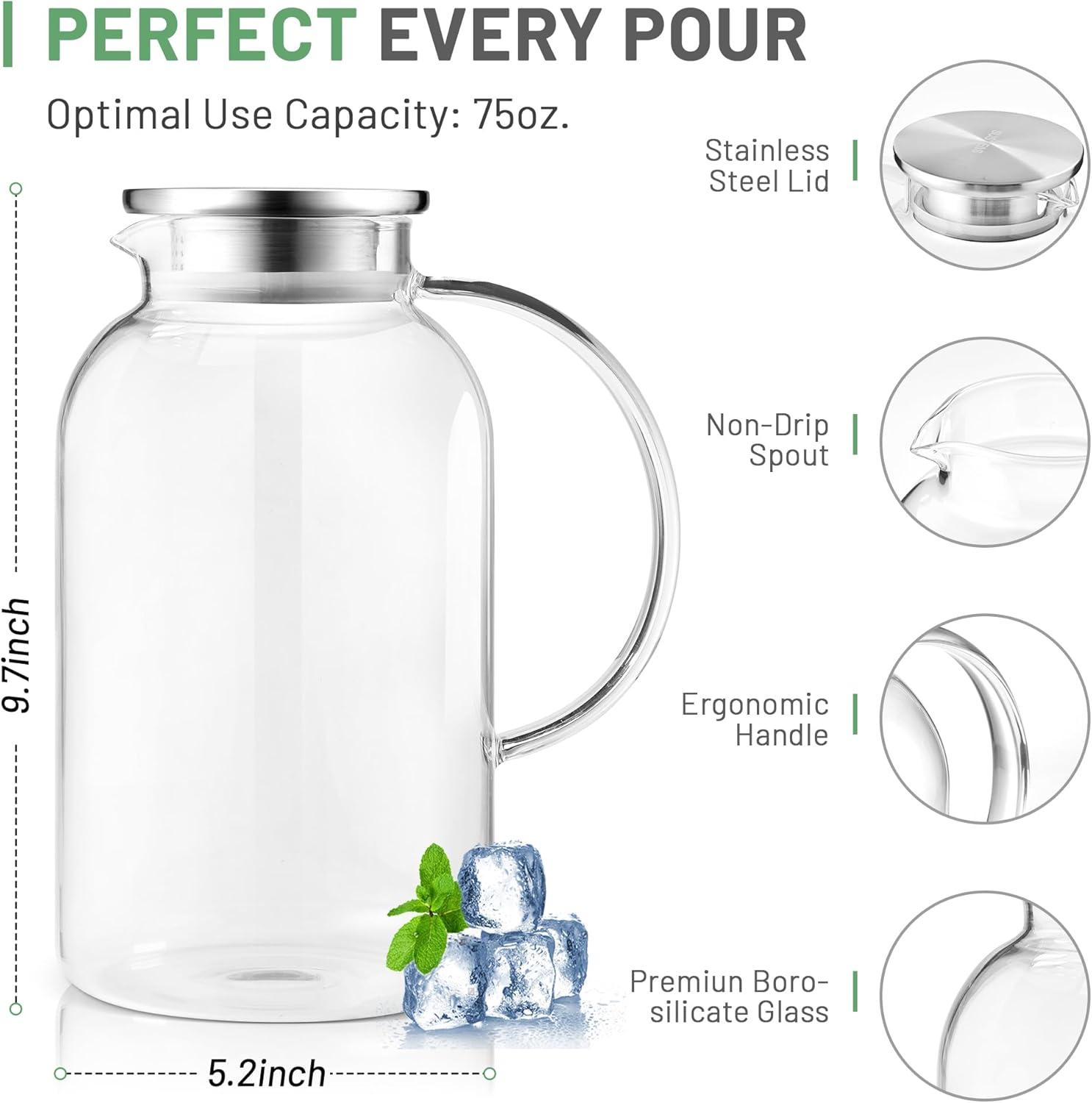 image:imageSUSTEAS 20 Liter 68oz Glass Pitcher with Lid Easy Clean Heat Resistant Glass Water Carafe with Handle for HotCold Beverages Water Cold Brew Iced Tea amp Juice With 1 LongHandled Brush IncludedClear