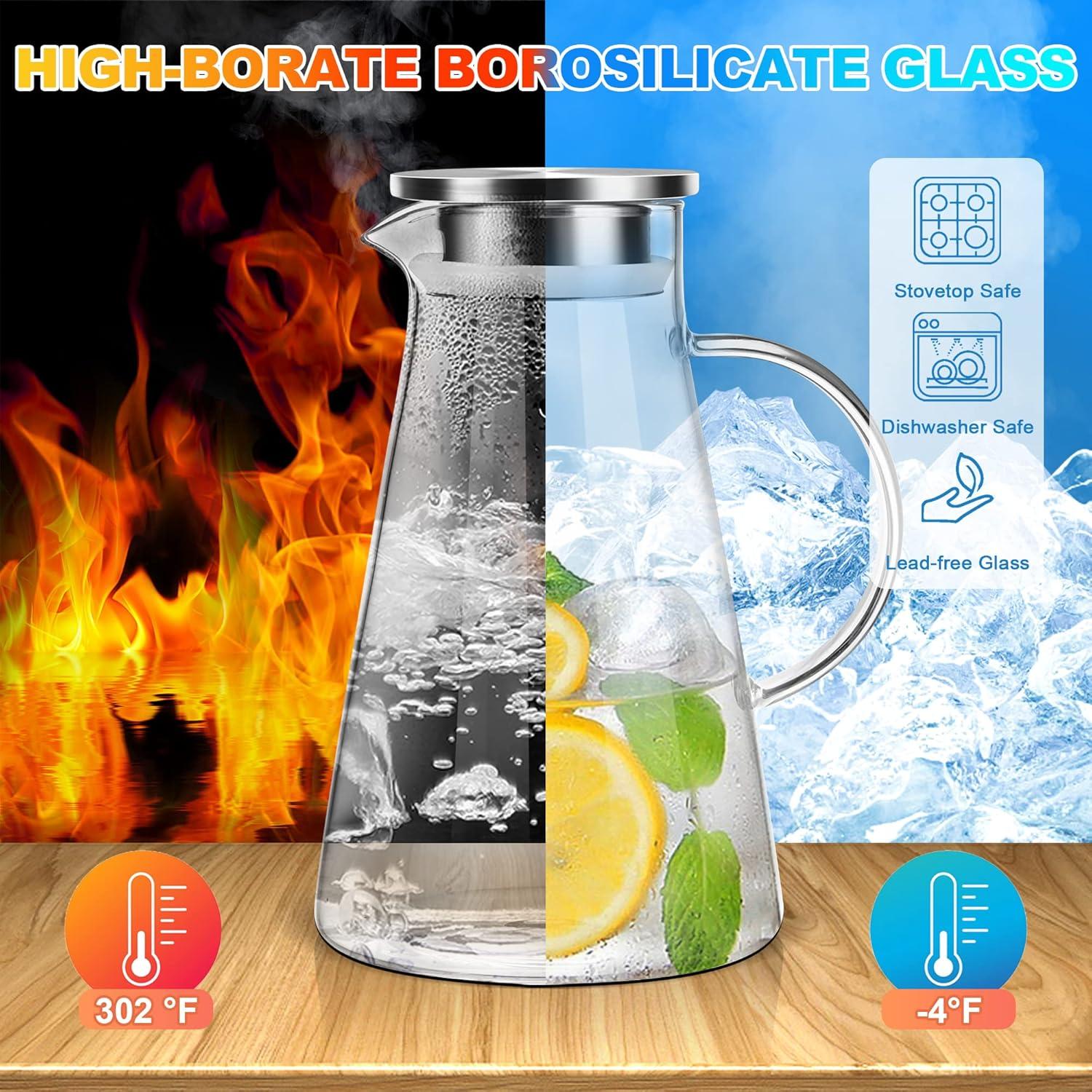 image:imageSUSTEAS 20 Liter 68oz Glass Pitcher with Lid Easy Clean Heat Resistant Glass Water Carafe with Handle for HotCold Beverages Water Cold Brew Iced Tea amp Juice With 1 LongHandled Brush IncludedClear
