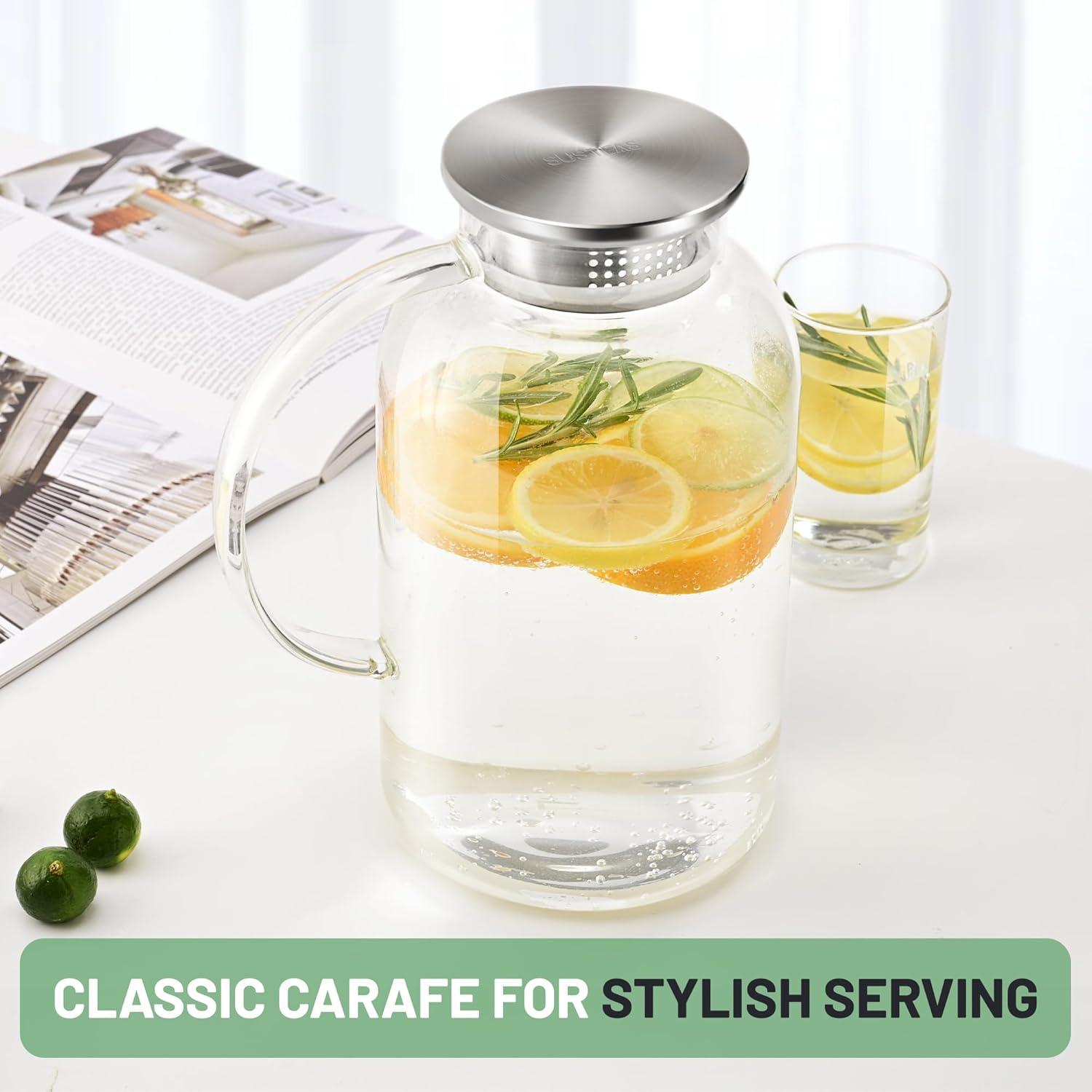 image:imageSUSTEAS 20 Liter 68oz Glass Pitcher with Lid Easy Clean Heat Resistant Glass Water Carafe with Handle for HotCold Beverages Water Cold Brew Iced Tea amp Juice With 1 LongHandled Brush IncludedClear