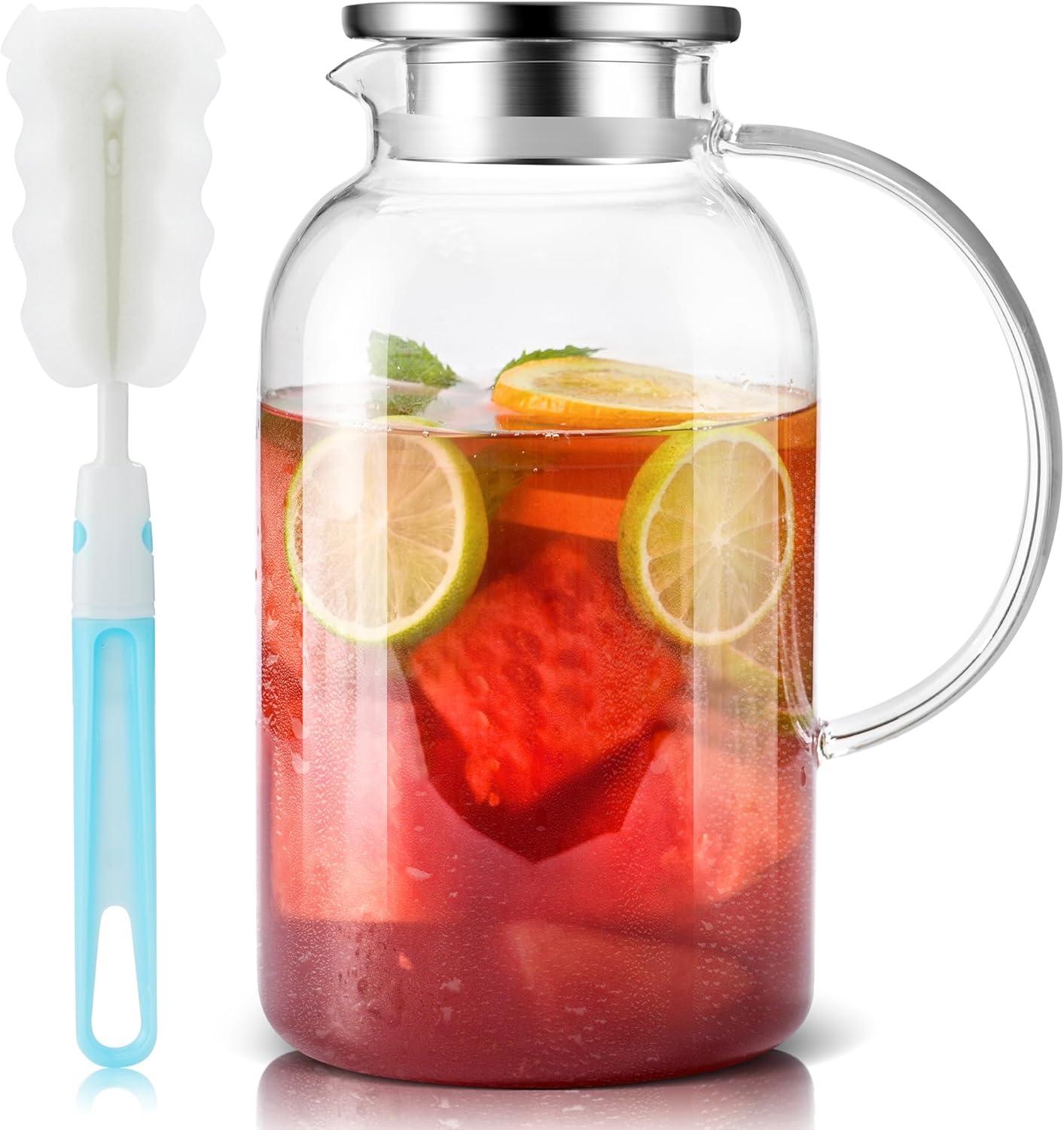 image:imageSUSTEAS 20 Liter 68oz Glass Pitcher with Lid Easy Clean Heat Resistant Glass Water Carafe with Handle for HotCold Beverages Water Cold Brew Iced Tea amp Juice With 1 LongHandled Brush IncludedClear