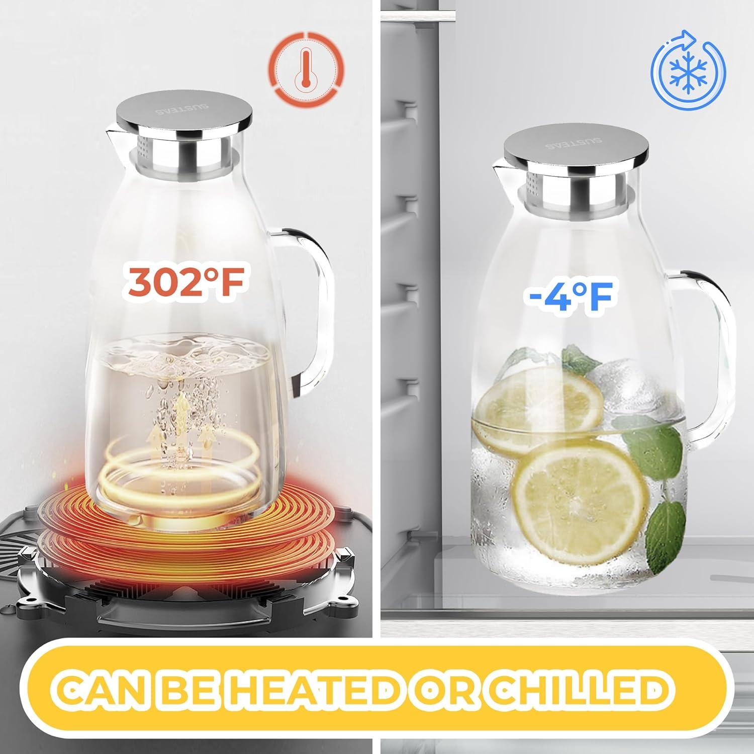 image:imageSUSTEAS 20 Liter 68oz Glass Pitcher with Lid Easy Clean Heat Resistant Glass Water Carafe with Handle for HotCold Beverages Water Cold Brew Iced Tea amp Juice With 1 LongHandled Brush IncludedClear