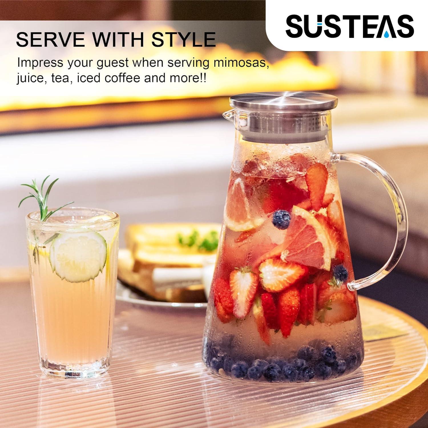 image:imageSUSTEAS 20 Liter 68oz Glass Pitcher with Lid Easy Clean Heat Resistant Glass Water Carafe with Handle for HotCold Beverages Water Cold Brew Iced Tea amp Juice With 1 LongHandled Brush IncludedClear