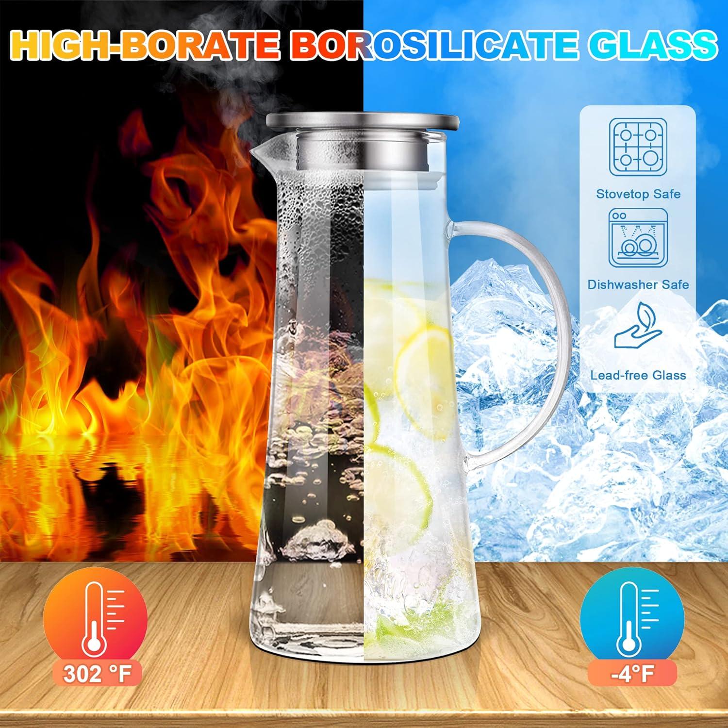 image:imageSUSTEAS 20 Liter 68oz Glass Pitcher with Lid Easy Clean Heat Resistant Glass Water Carafe with Handle for HotCold Beverages Water Cold Brew Iced Tea amp Juice With 1 LongHandled Brush IncludedClear