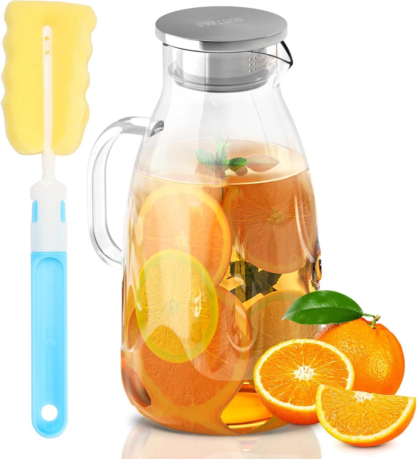 image:imageSUSTEAS 20 Liter 68oz Glass Pitcher with Lid Easy Clean Heat Resistant Glass Water Carafe with Handle for HotCold Beverages Water Cold Brew Iced Tea amp Juice With 1 LongHandled Brush IncludedClear
