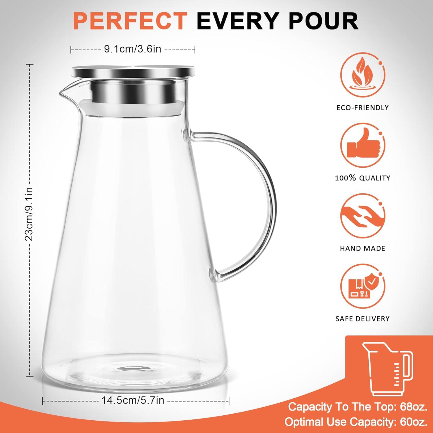 image:imageSUSTEAS 20 Liter 68oz Glass Pitcher with Lid Easy Clean Heat Resistant Glass Water Carafe with Handle for HotCold Beverages Water Cold Brew Iced Tea amp Juice With 1 LongHandled Brush IncludedClear