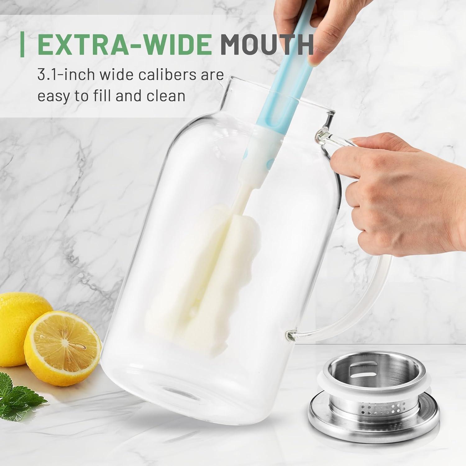 image:imageSUSTEAS 20 Liter 68oz Glass Pitcher with Lid Easy Clean Heat Resistant Glass Water Carafe with Handle for HotCold Beverages Water Cold Brew Iced Tea amp Juice With 1 LongHandled Brush IncludedClear