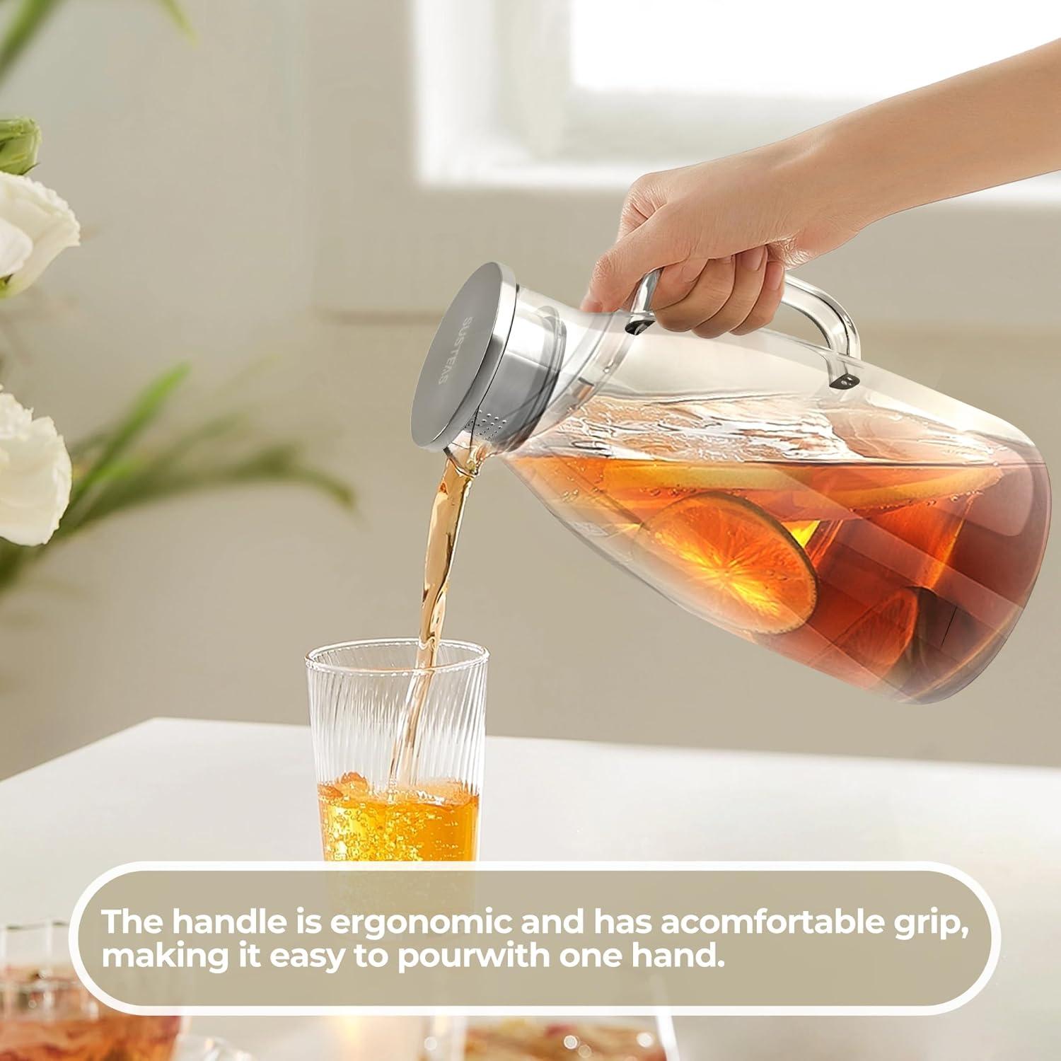 image:imageSUSTEAS 20 Liter 68oz Glass Pitcher with Lid Easy Clean Heat Resistant Glass Water Carafe with Handle for HotCold Beverages Water Cold Brew Iced Tea amp Juice With 1 LongHandled Brush IncludedClear