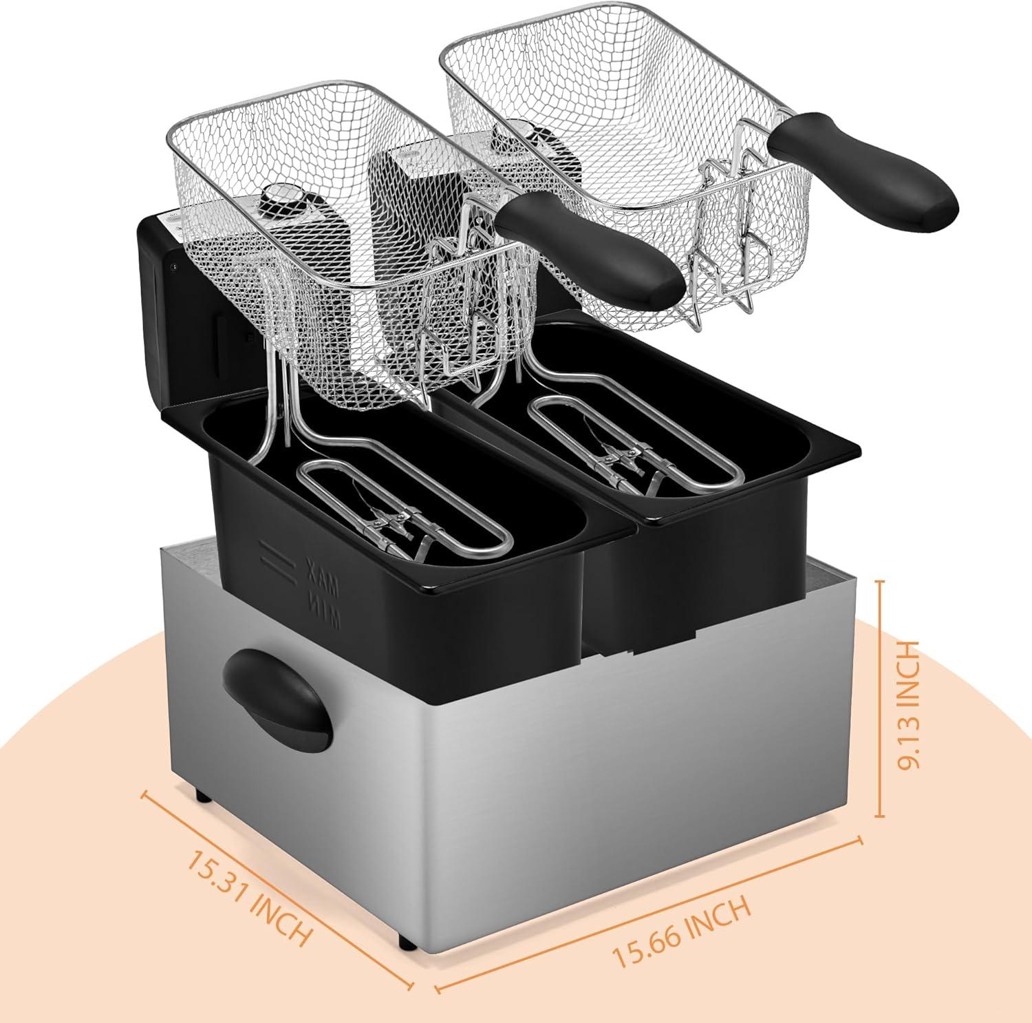 image:imageSUSTEAS Deep Fryer 2 Baskets Electric Oil Fryer with 54QT6L3000W Timer Control Adjustable Temperature Lid with Viewing Window and Odor Free Filter Stainless Steel Perfect for Kitchen Fry Fish60L
