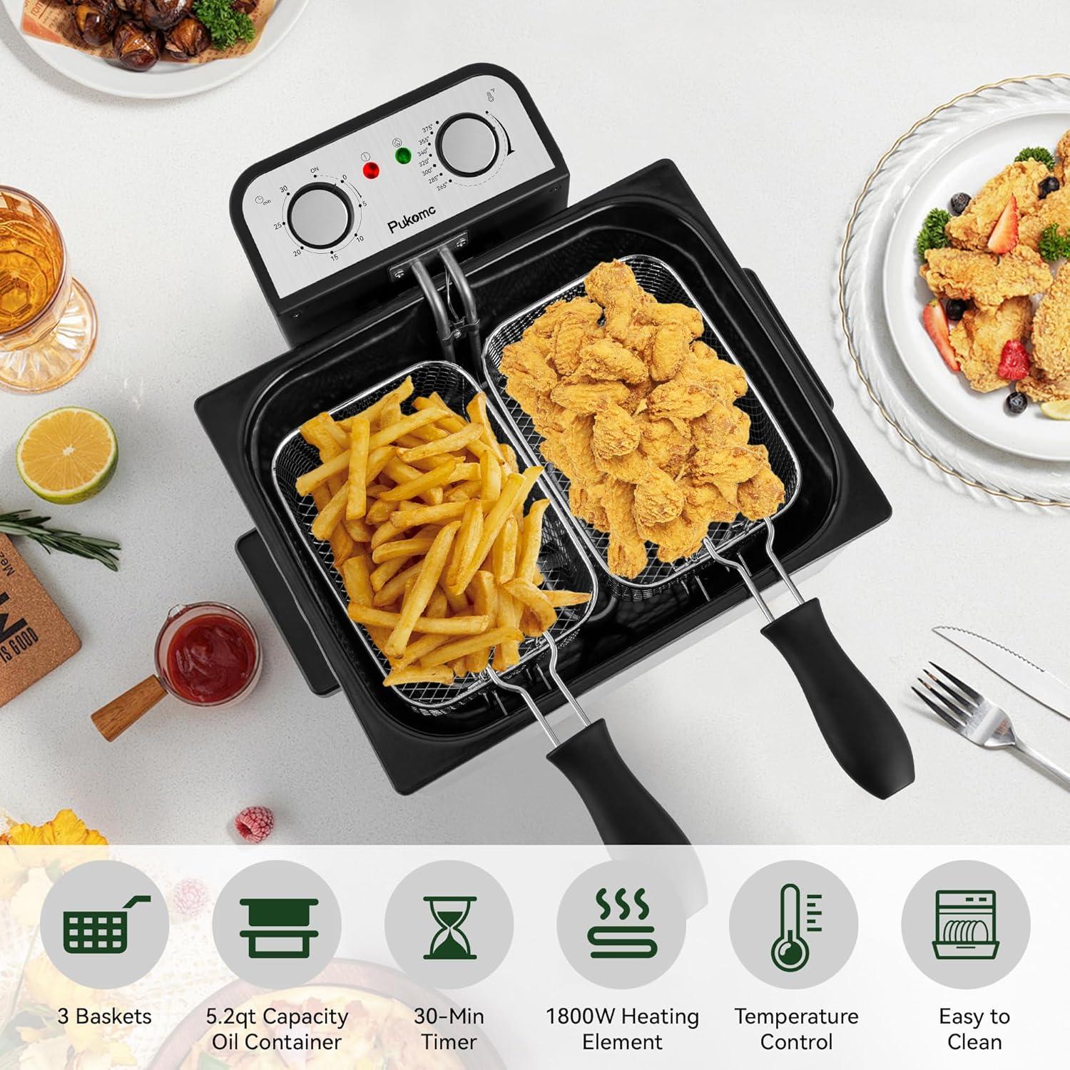 image:imageSUSTEAS Deep Fryer 2 Baskets Electric Oil Fryer with 54QT6L3000W Timer Control Adjustable Temperature Lid with Viewing Window and Odor Free Filter Stainless Steel Perfect for Kitchen Fry Fish50L