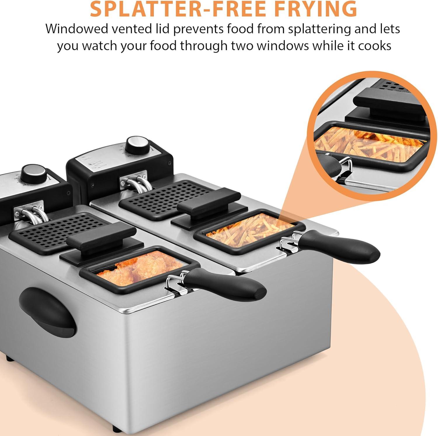 image:imageSUSTEAS Deep Fryer 2 Baskets Electric Oil Fryer with 54QT6L3000W Timer Control Adjustable Temperature Lid with Viewing Window and Odor Free Filter Stainless Steel Perfect for Kitchen Fry Fish60L