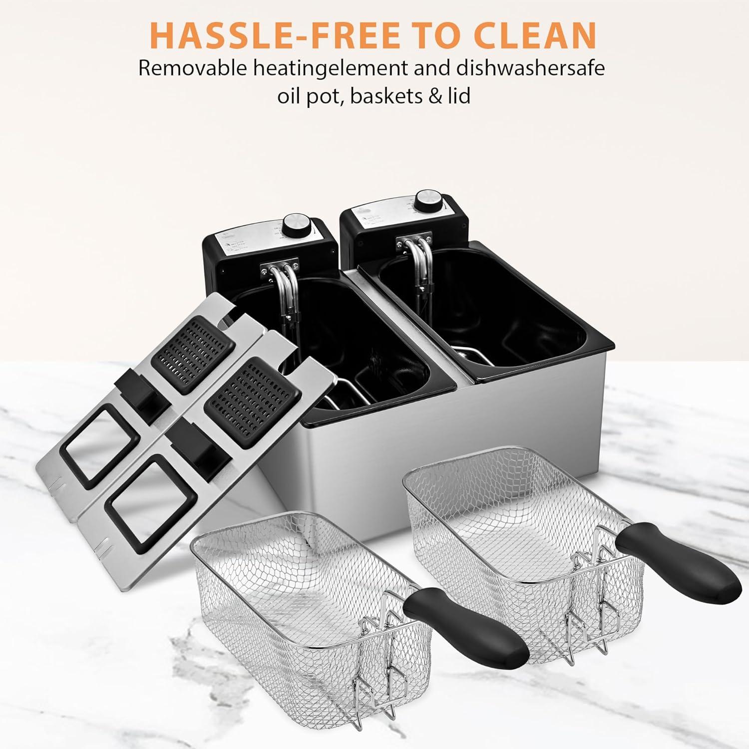 image:imageSUSTEAS Deep Fryer 2 Baskets Electric Oil Fryer with 54QT6L3000W Timer Control Adjustable Temperature Lid with Viewing Window and Odor Free Filter Stainless Steel Perfect for Kitchen Fry Fish60L