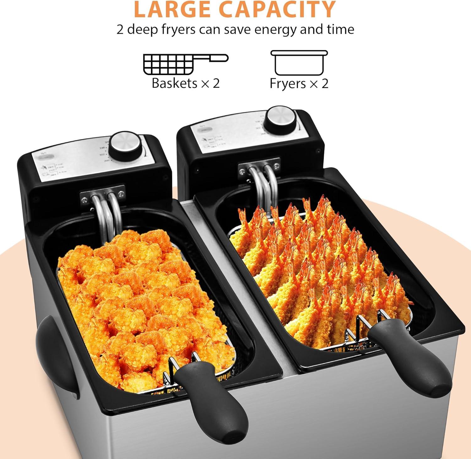image:imageSUSTEAS Deep Fryer 2 Baskets Electric Oil Fryer with 54QT6L3000W Timer Control Adjustable Temperature Lid with Viewing Window and Odor Free Filter Stainless Steel Perfect for Kitchen Fry Fish60L
