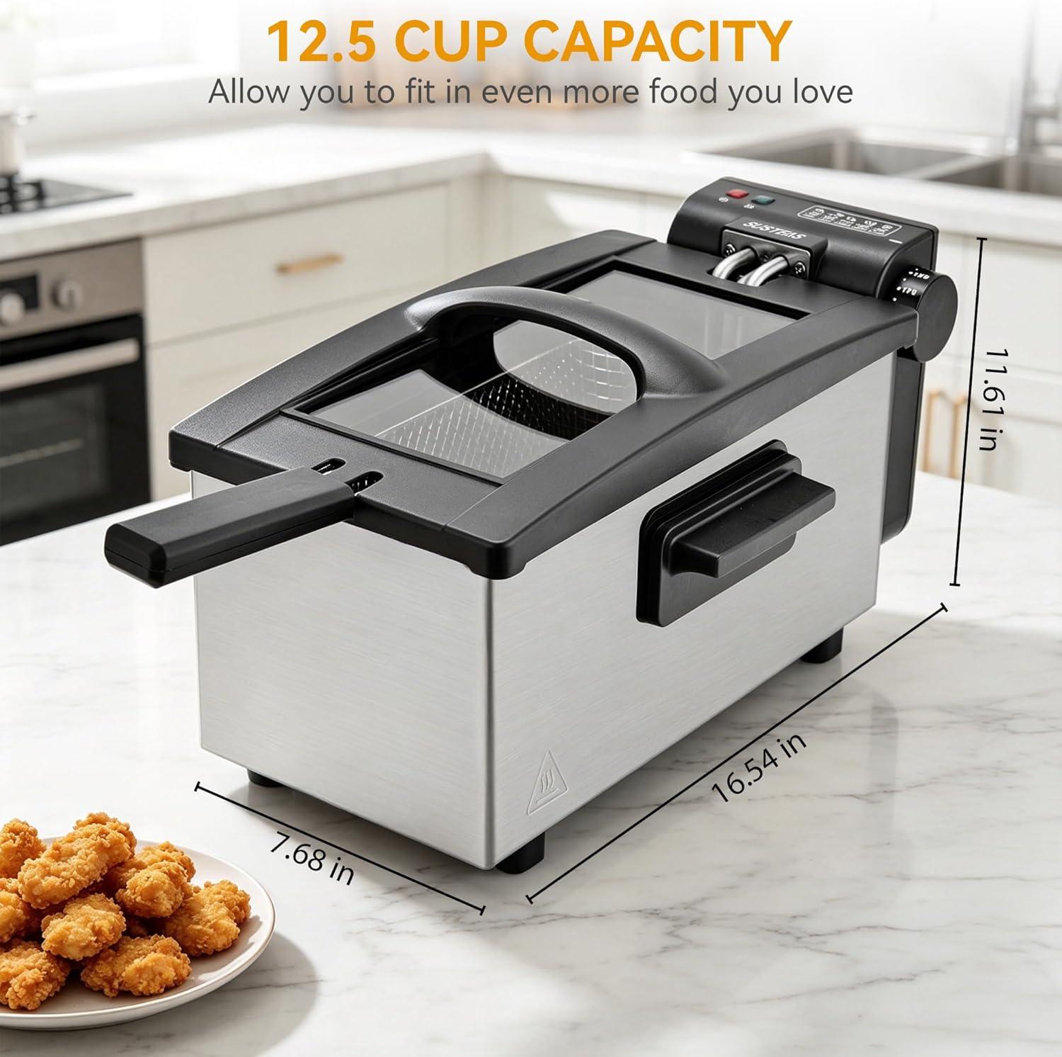 image:imageSUSTEAS Deep Fryer 2 Baskets Electric Oil Fryer with 54QT6L3000W Timer Control Adjustable Temperature Lid with Viewing Window and Odor Free Filter Stainless Steel Perfect for Kitchen Fry Fish30L