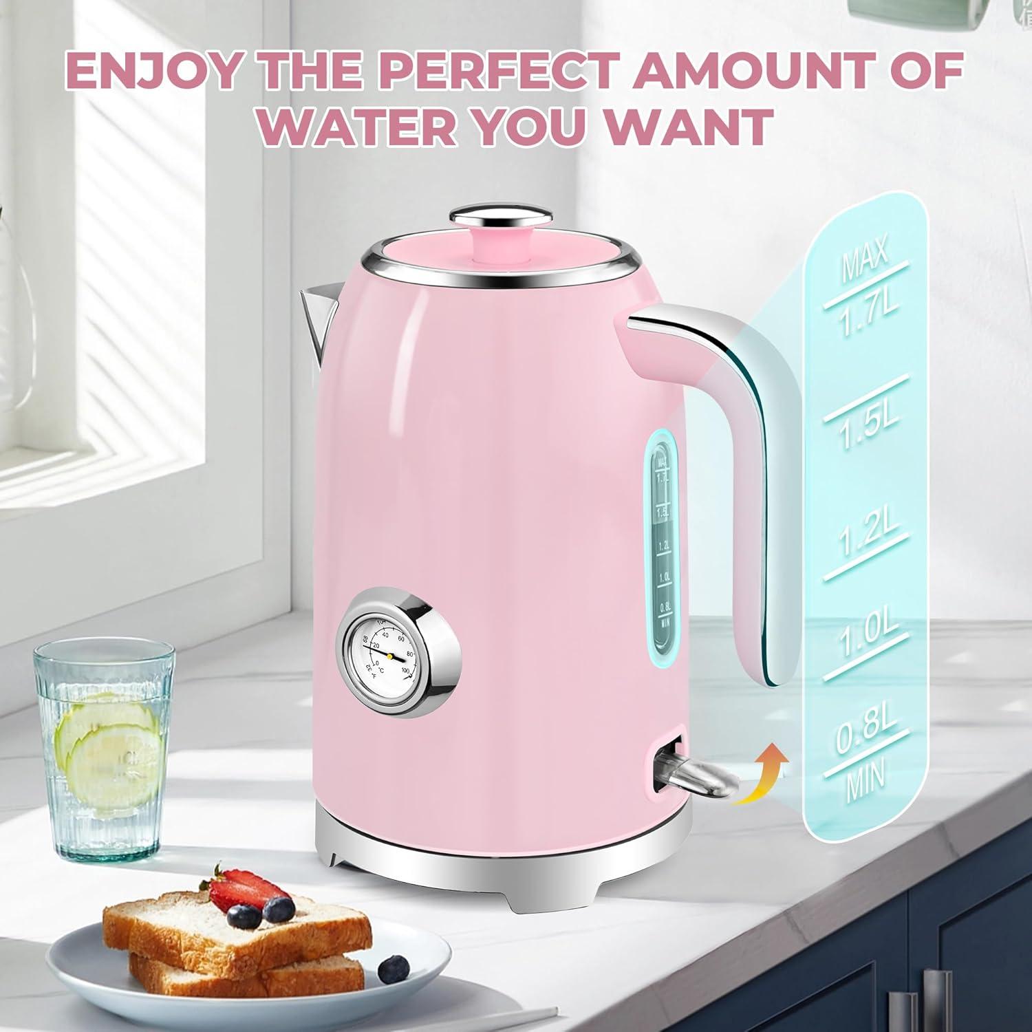 image:imageSUSTEAS Electric Kettle 57oz Hot Tea Water Boiler with Thermometer 1500W Fast Heating Stainless Steel Pot Cordless LED Indicator Auto ShutOff amp Boil Dry Protection Retro GreenPink