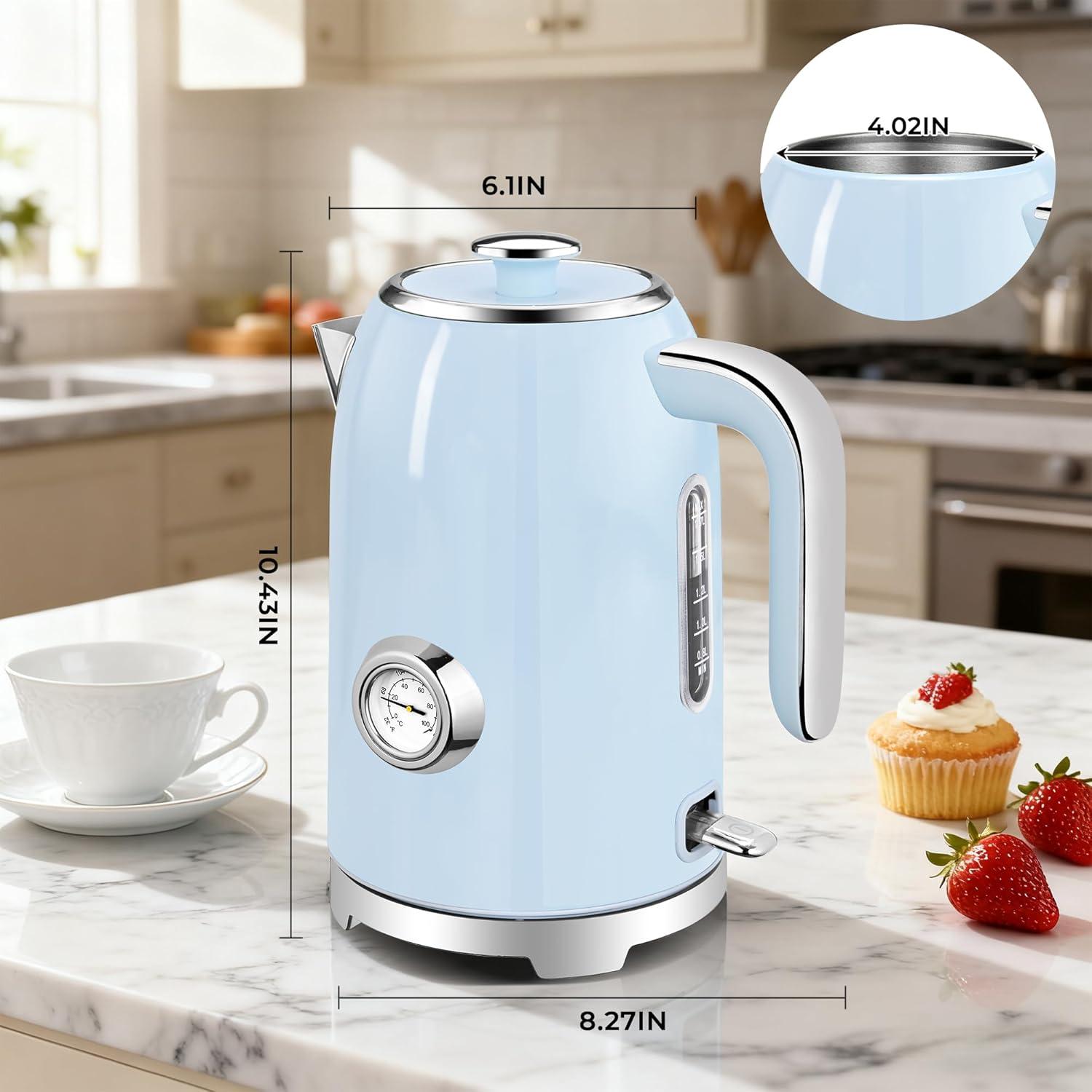 image:imageSUSTEAS Electric Kettle 57oz Hot Tea Water Boiler with Thermometer 1500W Fast Heating Stainless Steel Pot Cordless LED Indicator Auto ShutOff amp Boil Dry Protection Retro GreenBlue