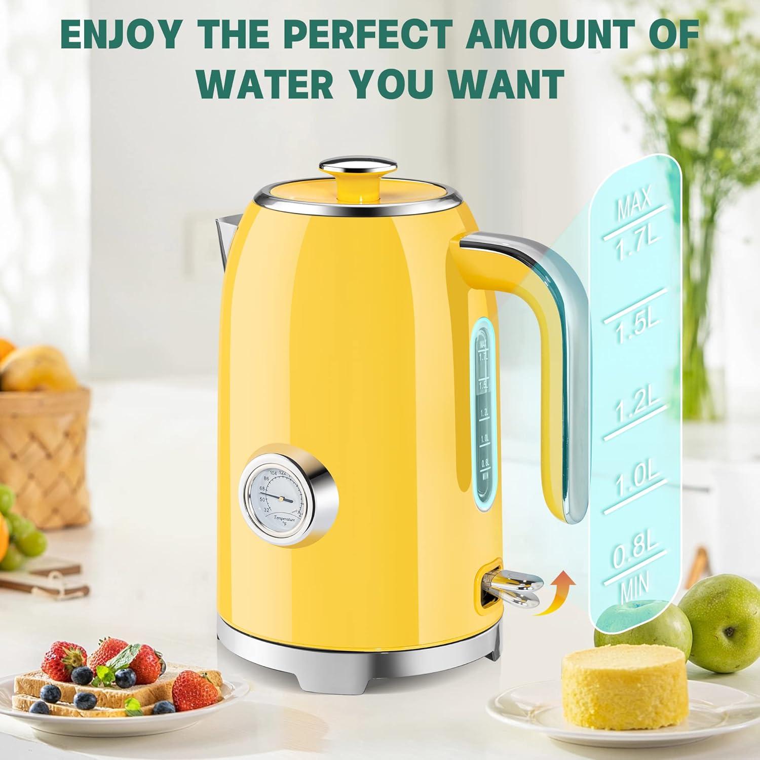 image:imageSUSTEAS Electric Kettle 57oz Hot Tea Water Boiler with Thermometer 1500W Fast Heating Stainless Steel Pot Cordless LED Indicator Auto ShutOff amp Boil Dry Protection Retro GreenRetro Yellow