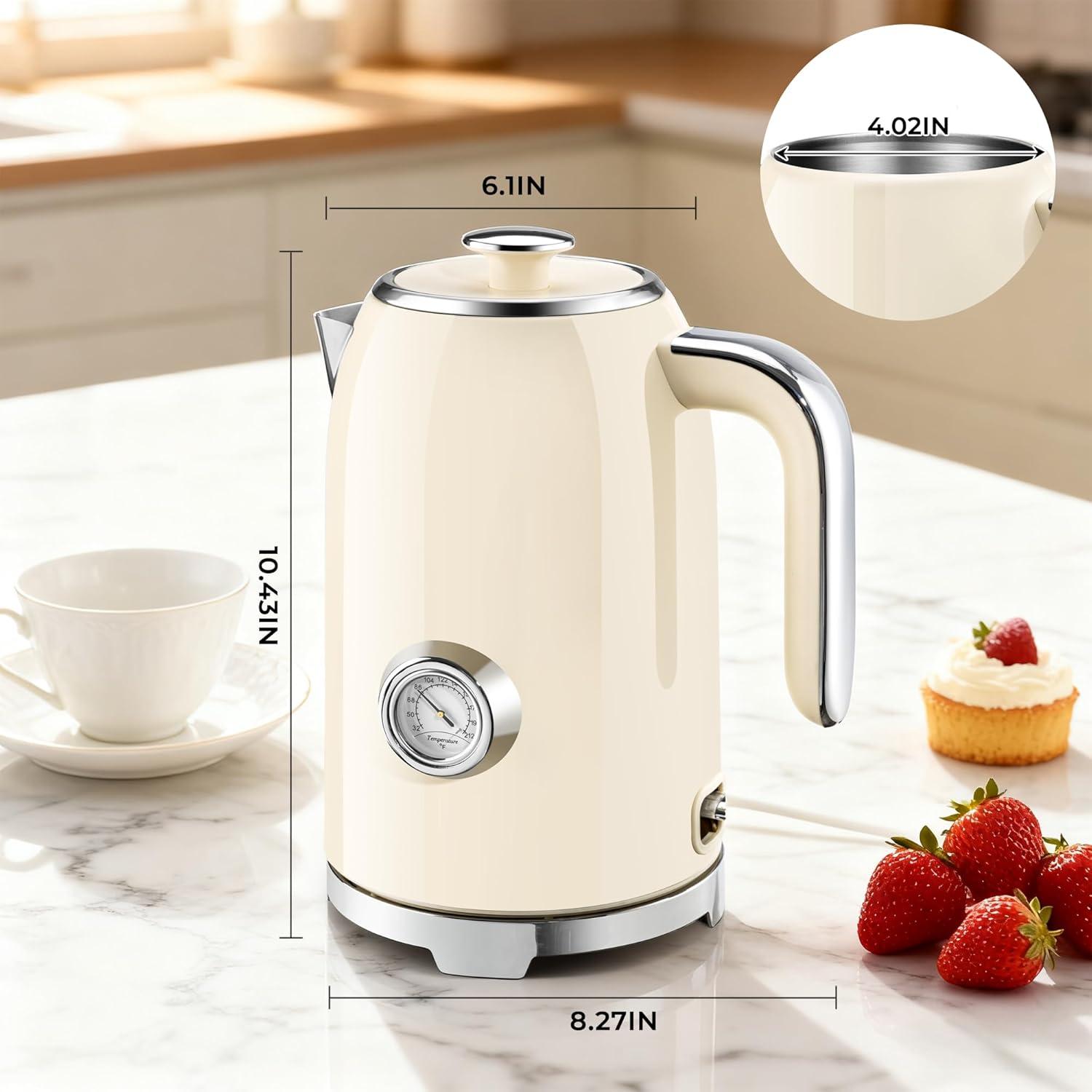 image:imageSUSTEAS Electric Kettle 57oz Hot Tea Water Boiler with Thermometer 1500W Fast Heating Stainless Steel Pot Cordless LED Indicator Auto ShutOff amp Boil Dry Protection Retro GreenBeige