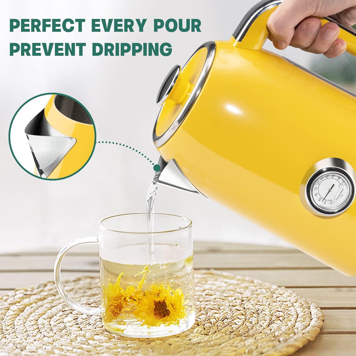 image:imageSUSTEAS Electric Kettle 57oz Hot Tea Water Boiler with Thermometer 1500W Fast Heating Stainless Steel Pot Cordless LED Indicator Auto ShutOff amp Boil Dry Protection Retro GreenRetro Yellow