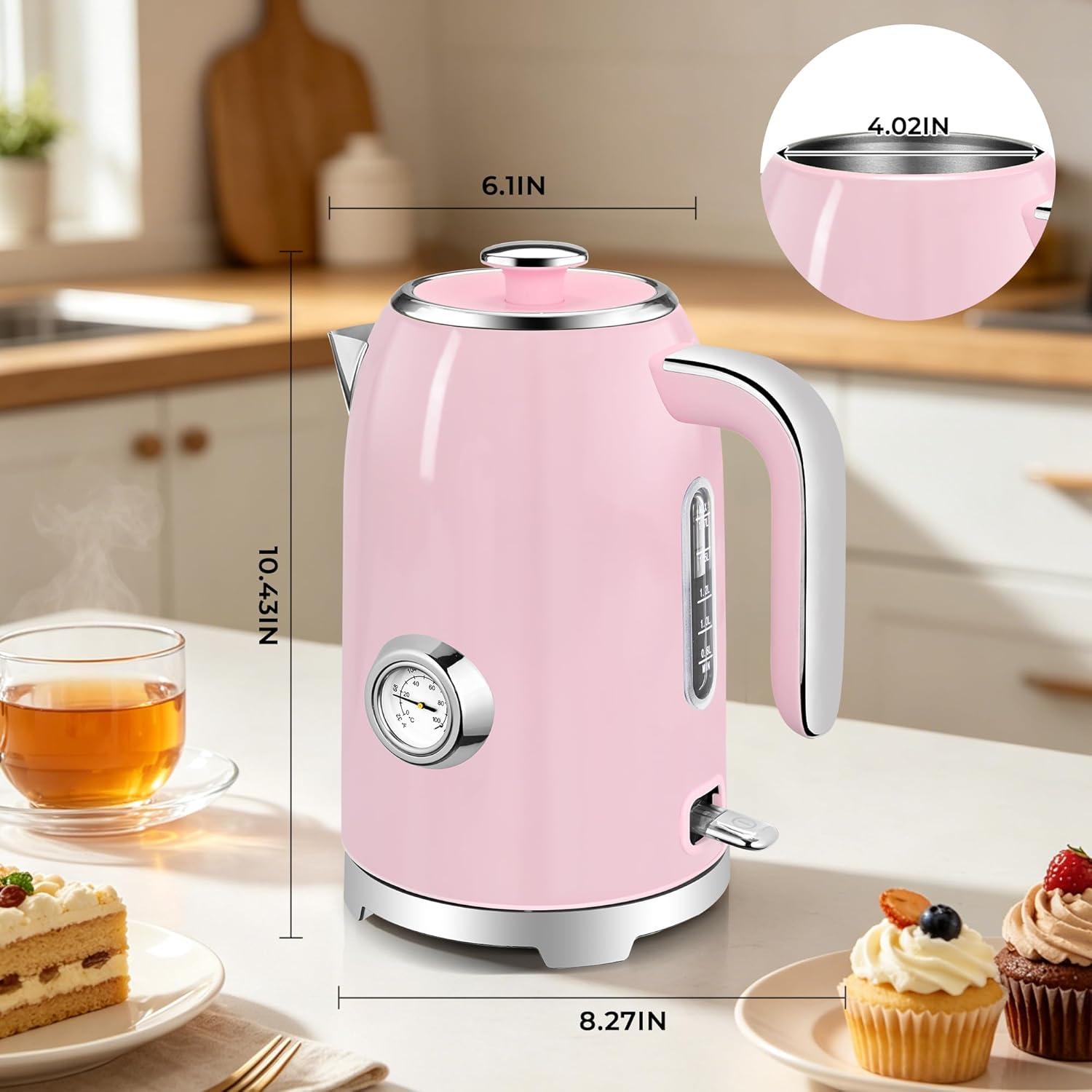 image:imageSUSTEAS Electric Kettle 57oz Hot Tea Water Boiler with Thermometer 1500W Fast Heating Stainless Steel Pot Cordless LED Indicator Auto ShutOff amp Boil Dry Protection Retro GreenPink