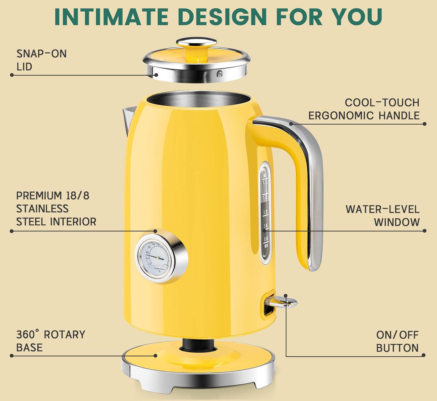 image:imageSUSTEAS Electric Kettle 57oz Hot Tea Water Boiler with Thermometer 1500W Fast Heating Stainless Steel Pot Cordless LED Indicator Auto ShutOff amp Boil Dry Protection Retro GreenRetro Yellow