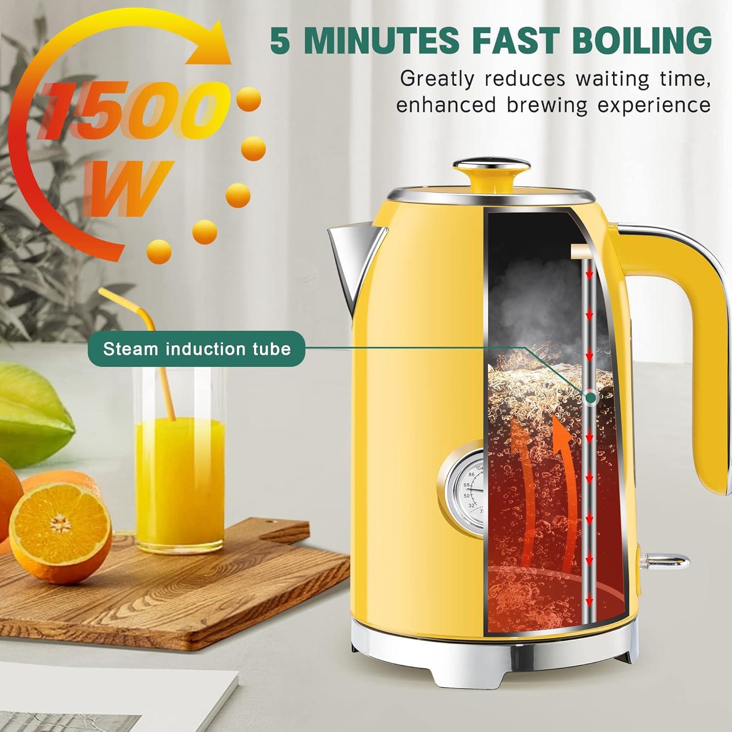 image:imageSUSTEAS Electric Kettle 57oz Hot Tea Water Boiler with Thermometer 1500W Fast Heating Stainless Steel Pot Cordless LED Indicator Auto ShutOff amp Boil Dry Protection Retro GreenRetro Yellow