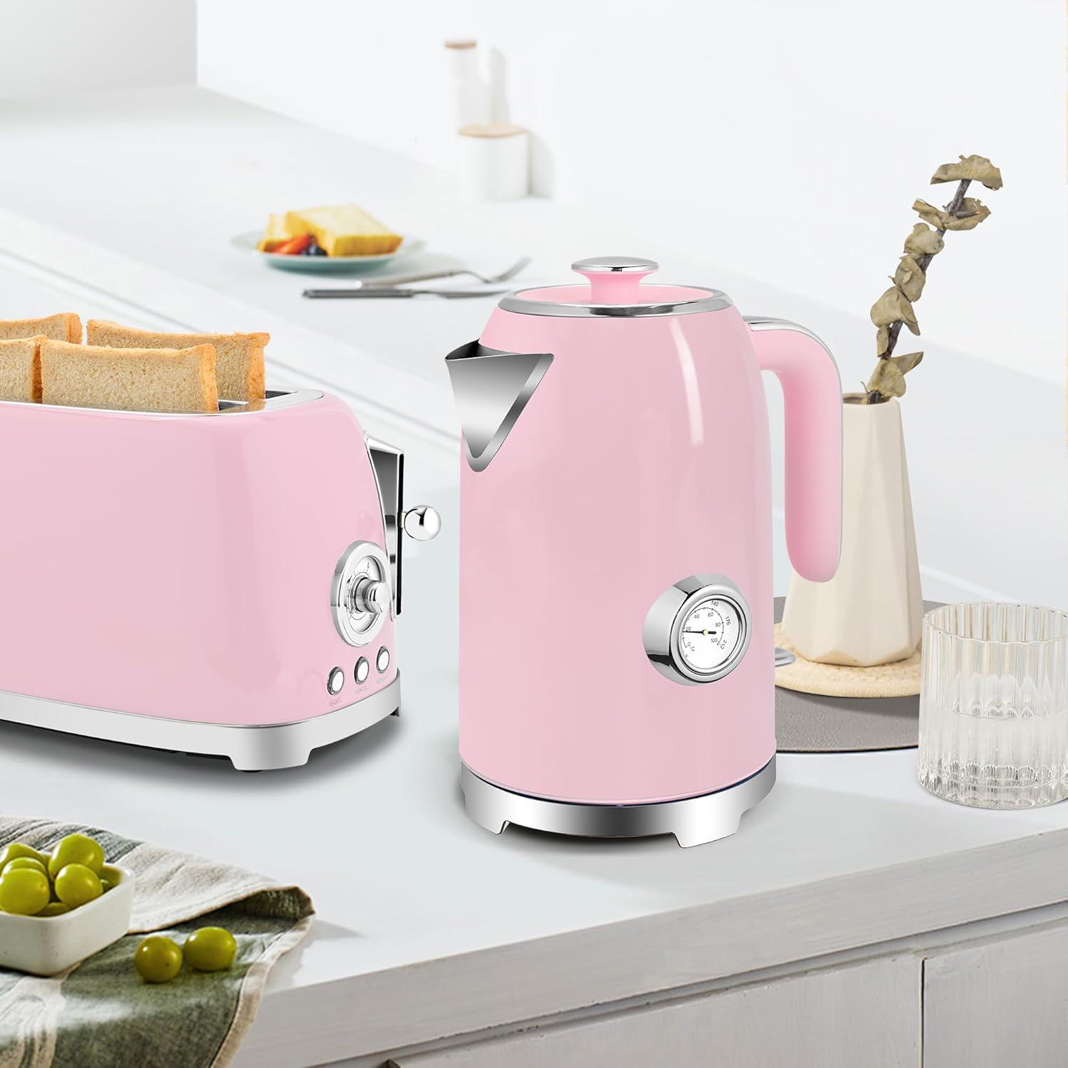 image:imageSUSTEAS Electric Kettle 57oz Hot Tea Water Boiler with Thermometer 1500W Fast Heating Stainless Steel Pot Cordless LED Indicator Auto ShutOff amp Boil Dry Protection Retro GreenPink