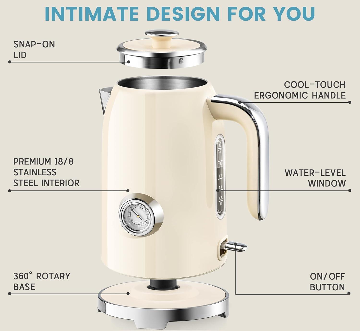 image:imageSUSTEAS Electric Kettle 57oz Hot Tea Water Boiler with Thermometer 1500W Fast Heating Stainless Steel Pot Cordless LED Indicator Auto ShutOff amp Boil Dry Protection Retro GreenBeige