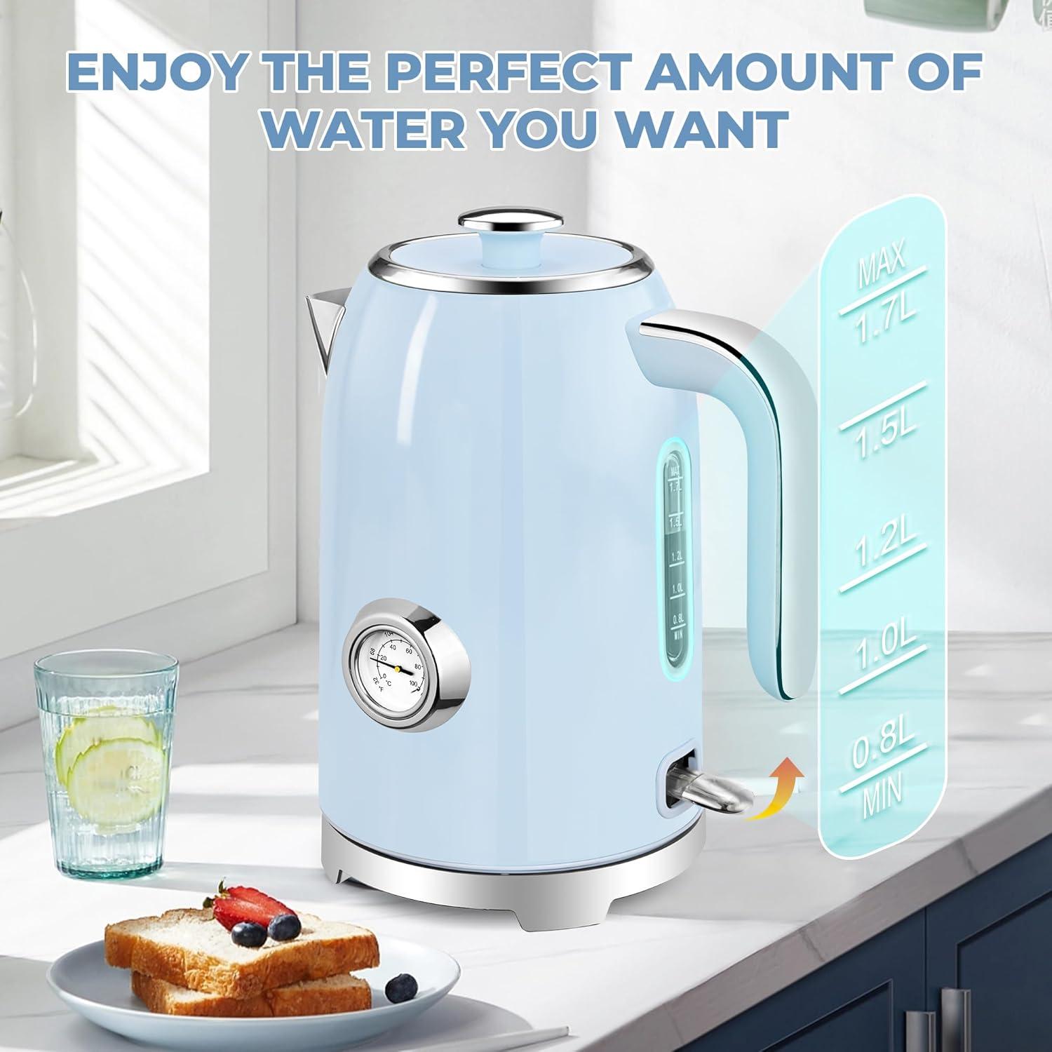 image:imageSUSTEAS Electric Kettle 57oz Hot Tea Water Boiler with Thermometer 1500W Fast Heating Stainless Steel Pot Cordless LED Indicator Auto ShutOff amp Boil Dry Protection Retro GreenBlue