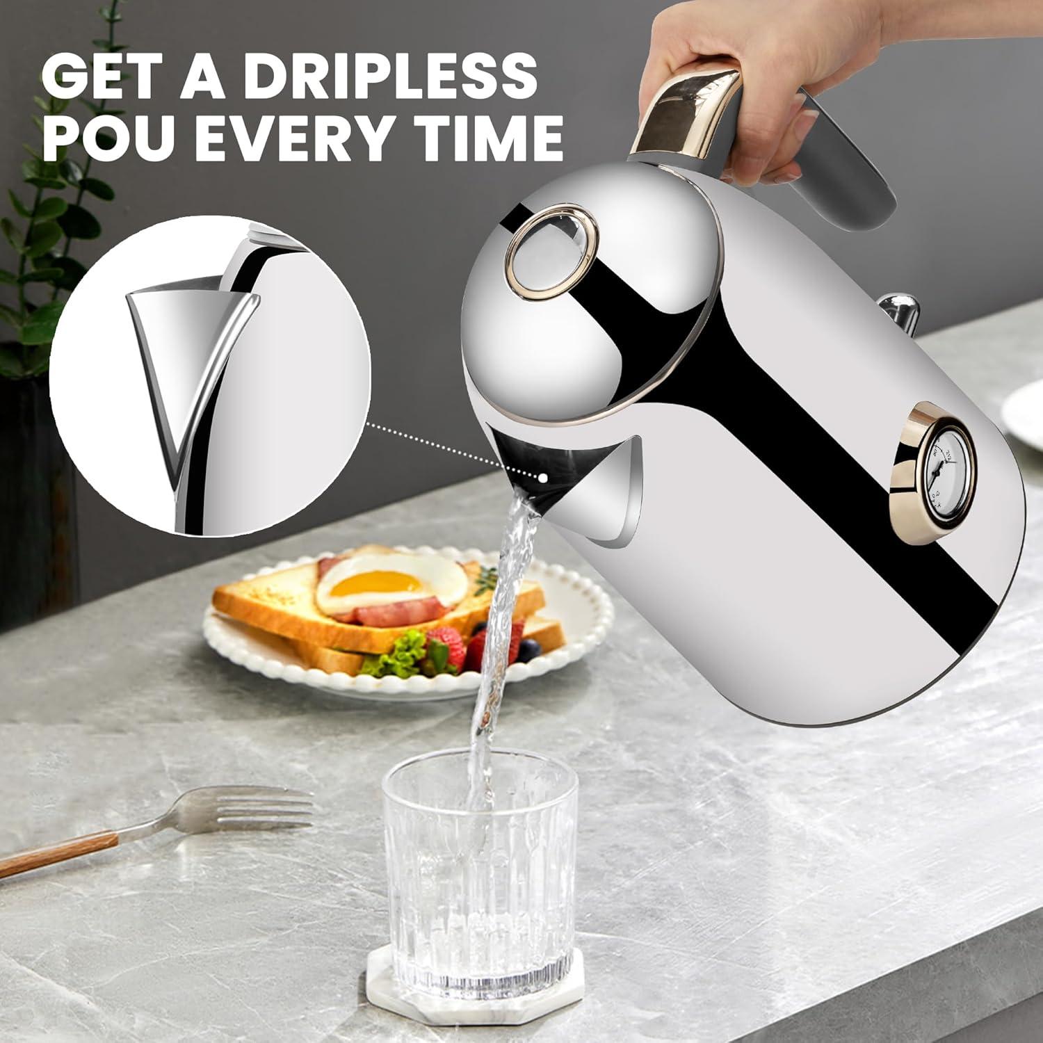 image:imageSUSTEAS Electric Kettle 57oz Hot Tea Water Boiler with Thermometer 1500W Fast Heating Stainless Steel Pot Cordless LED Indicator Auto ShutOff amp Boil Dry Protection Retro GreenGlossy Silver