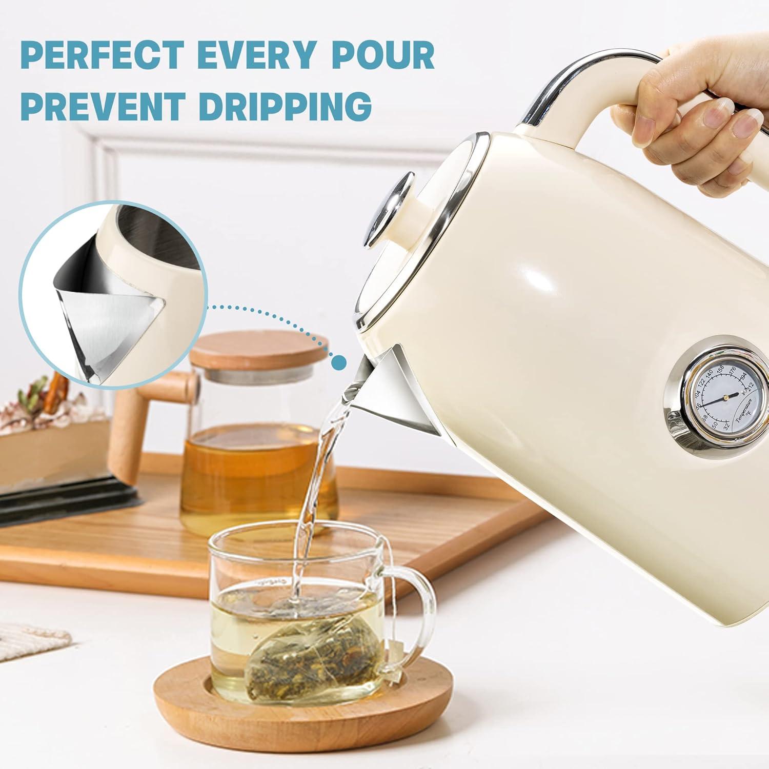 image:imageSUSTEAS Electric Kettle 57oz Hot Tea Water Boiler with Thermometer 1500W Fast Heating Stainless Steel Pot Cordless LED Indicator Auto ShutOff amp Boil Dry Protection Retro GreenBeige
