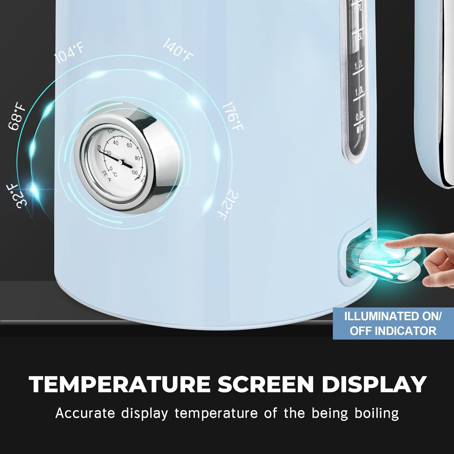 image:imageSUSTEAS Electric Kettle 57oz Hot Tea Water Boiler with Thermometer 1500W Fast Heating Stainless Steel Pot Cordless LED Indicator Auto ShutOff amp Boil Dry Protection Retro GreenBlue