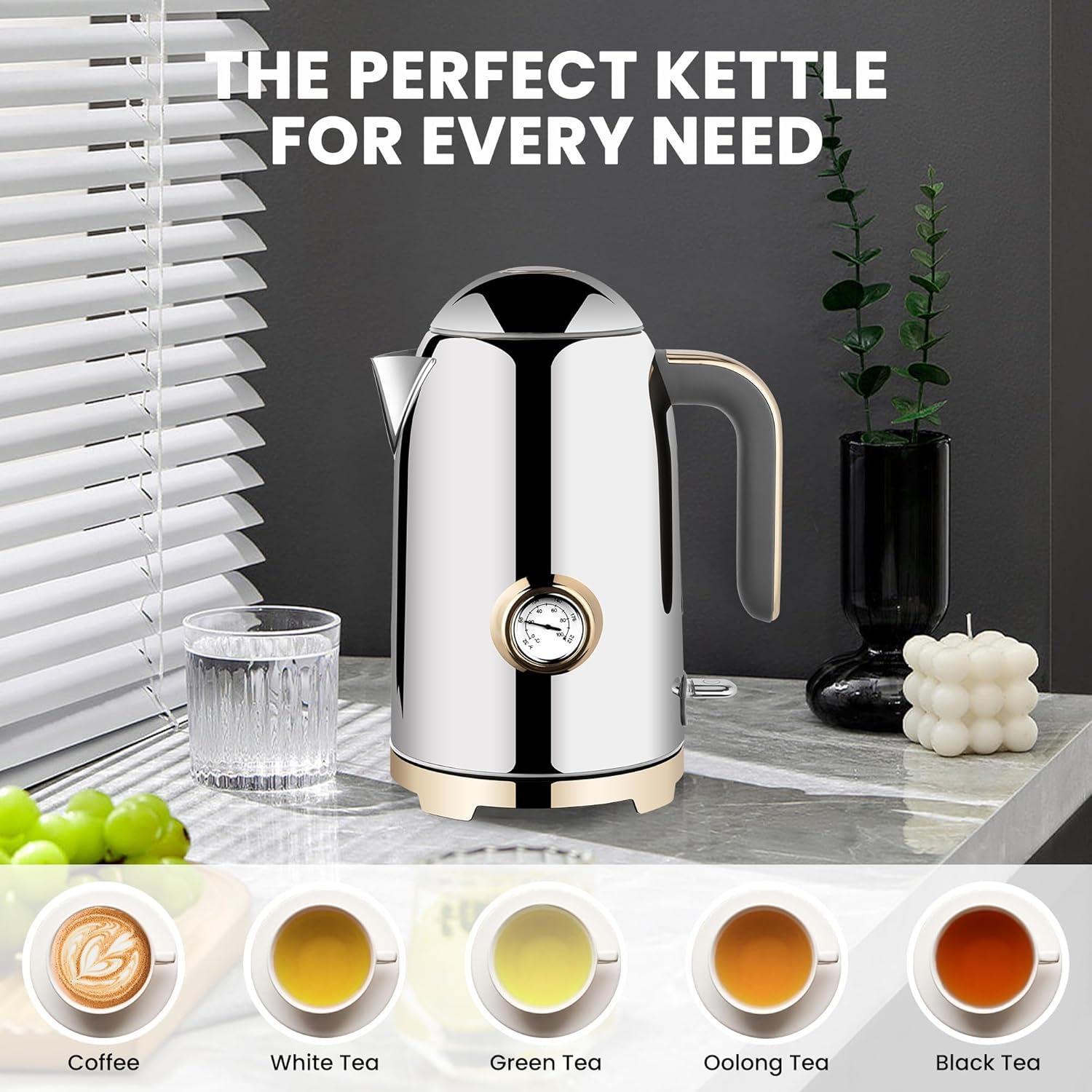 image:imageSUSTEAS Electric Kettle 57oz Hot Tea Water Boiler with Thermometer 1500W Fast Heating Stainless Steel Pot Cordless LED Indicator Auto ShutOff amp Boil Dry Protection Retro GreenGlossy Silver