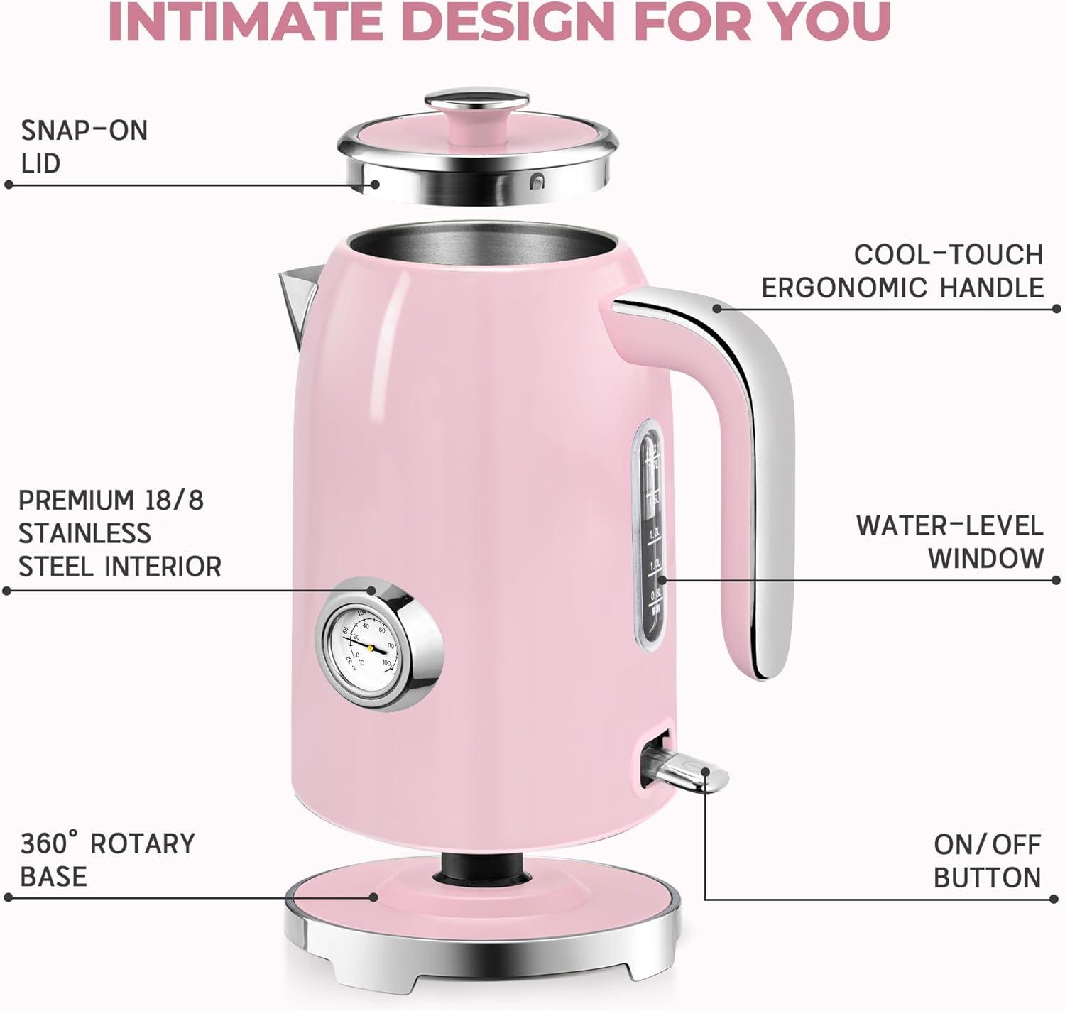 image:imageSUSTEAS Electric Kettle 57oz Hot Tea Water Boiler with Thermometer 1500W Fast Heating Stainless Steel Pot Cordless LED Indicator Auto ShutOff amp Boil Dry Protection Retro GreenPink