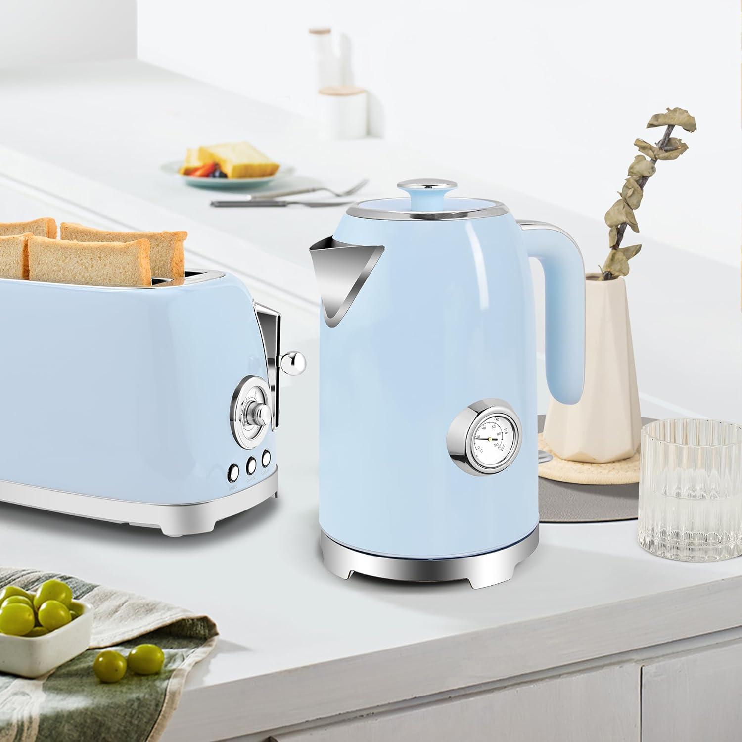 image:imageSUSTEAS Electric Kettle 57oz Hot Tea Water Boiler with Thermometer 1500W Fast Heating Stainless Steel Pot Cordless LED Indicator Auto ShutOff amp Boil Dry Protection Retro GreenBlue