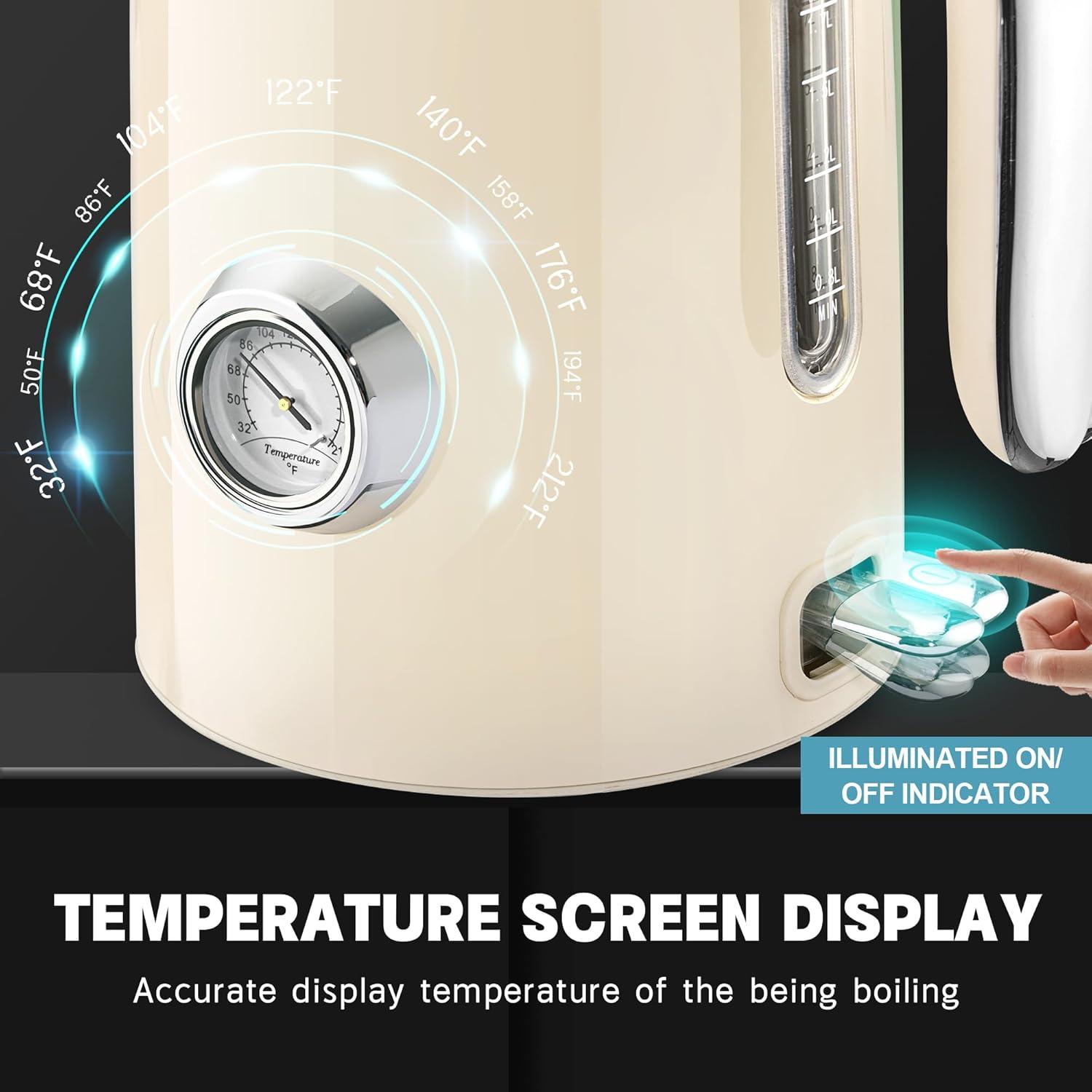 image:imageSUSTEAS Electric Kettle 57oz Hot Tea Water Boiler with Thermometer 1500W Fast Heating Stainless Steel Pot Cordless LED Indicator Auto ShutOff amp Boil Dry Protection Retro GreenBeige