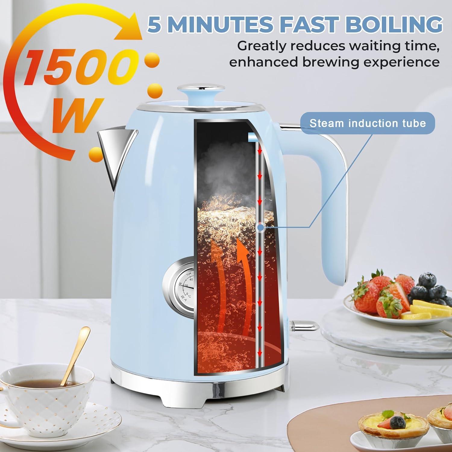 image:imageSUSTEAS Electric Kettle 57oz Hot Tea Water Boiler with Thermometer 1500W Fast Heating Stainless Steel Pot Cordless LED Indicator Auto ShutOff amp Boil Dry Protection Retro GreenBlue