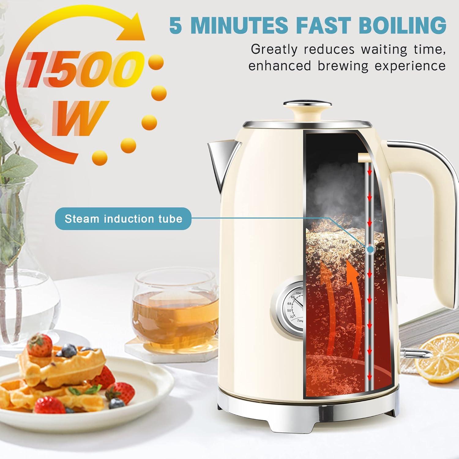 image:imageSUSTEAS Electric Kettle 57oz Hot Tea Water Boiler with Thermometer 1500W Fast Heating Stainless Steel Pot Cordless LED Indicator Auto ShutOff amp Boil Dry Protection Retro GreenBeige