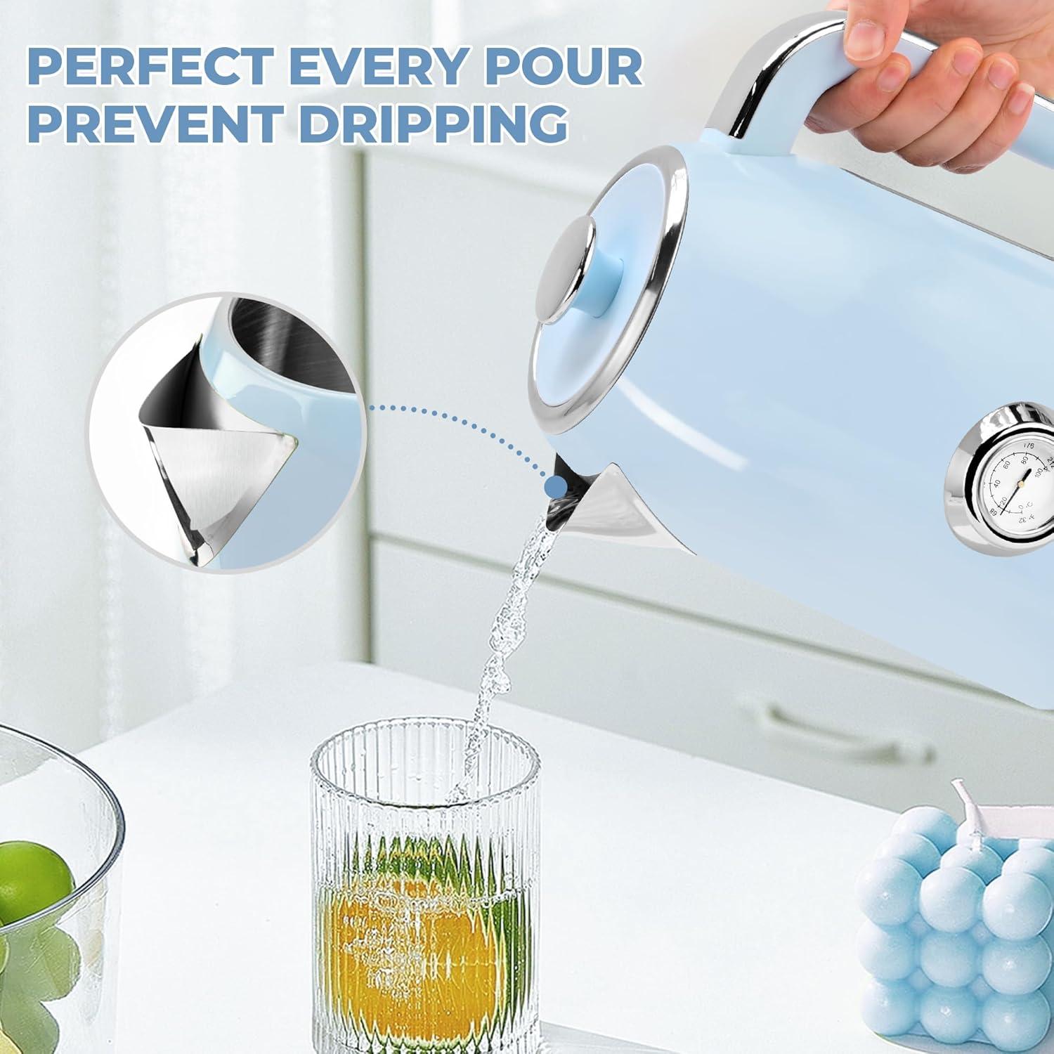 image:imageSUSTEAS Electric Kettle 57oz Hot Tea Water Boiler with Thermometer 1500W Fast Heating Stainless Steel Pot Cordless LED Indicator Auto ShutOff amp Boil Dry Protection Retro GreenBlue