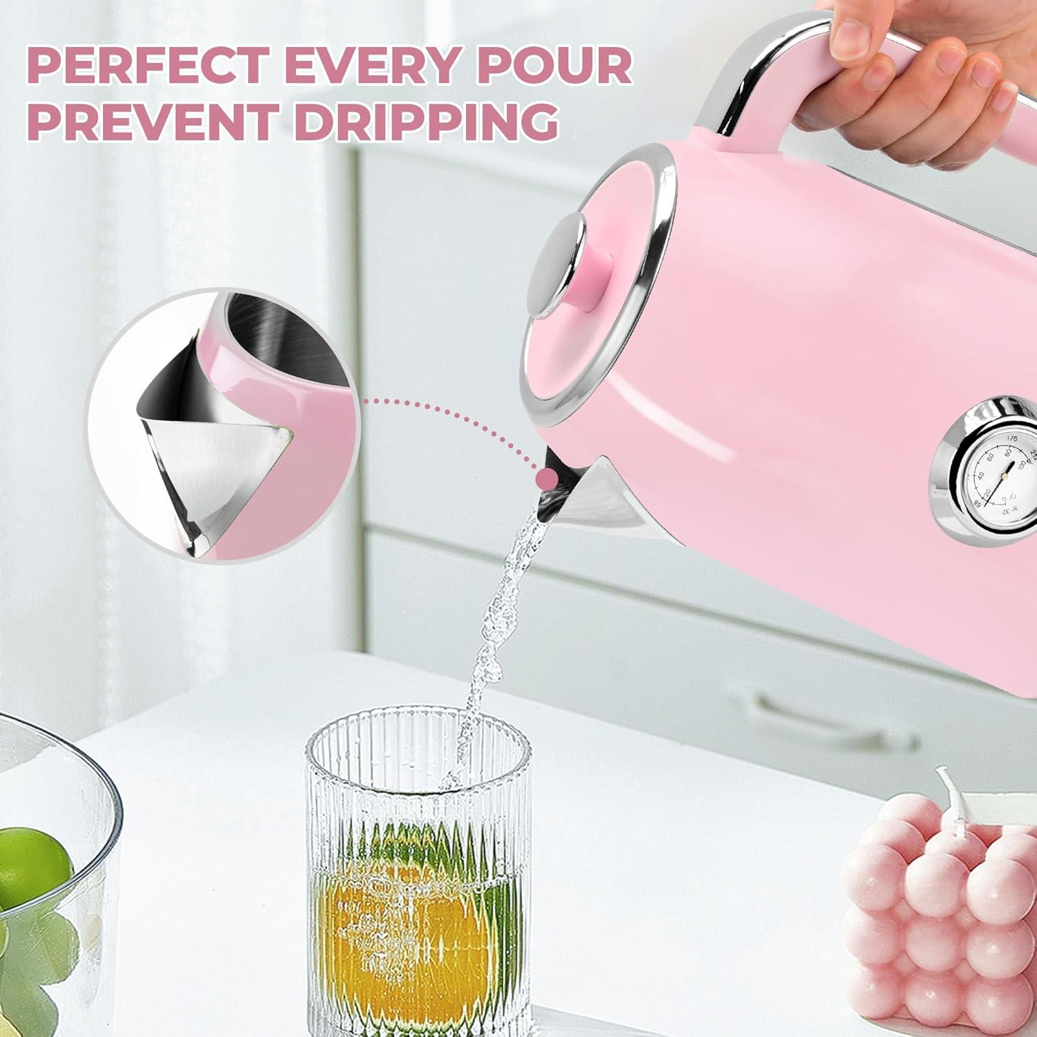 image:imageSUSTEAS Electric Kettle 57oz Hot Tea Water Boiler with Thermometer 1500W Fast Heating Stainless Steel Pot Cordless LED Indicator Auto ShutOff amp Boil Dry Protection Retro GreenPink