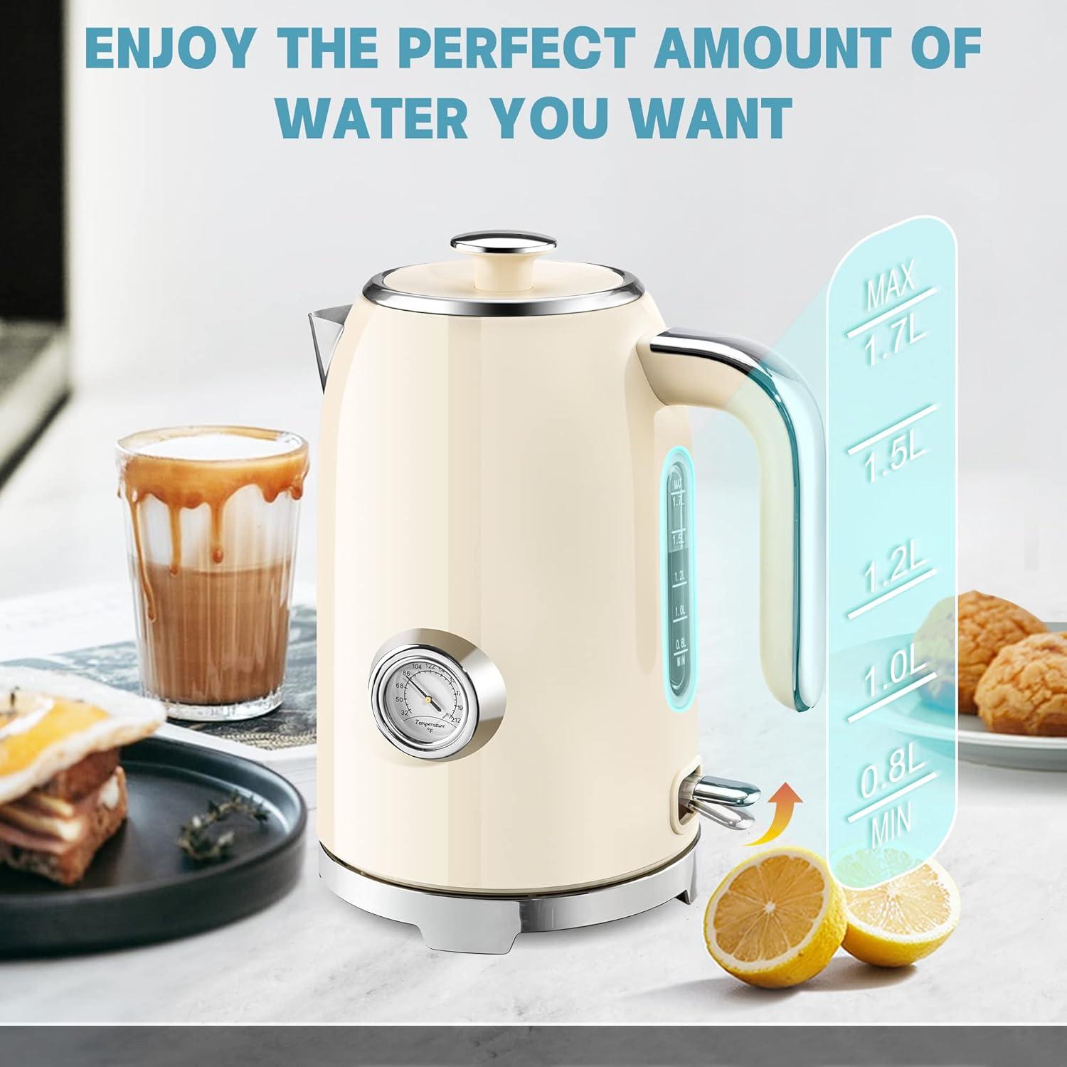 image:imageSUSTEAS Electric Kettle 57oz Hot Tea Water Boiler with Thermometer 1500W Fast Heating Stainless Steel Pot Cordless LED Indicator Auto ShutOff amp Boil Dry Protection Retro GreenBeige