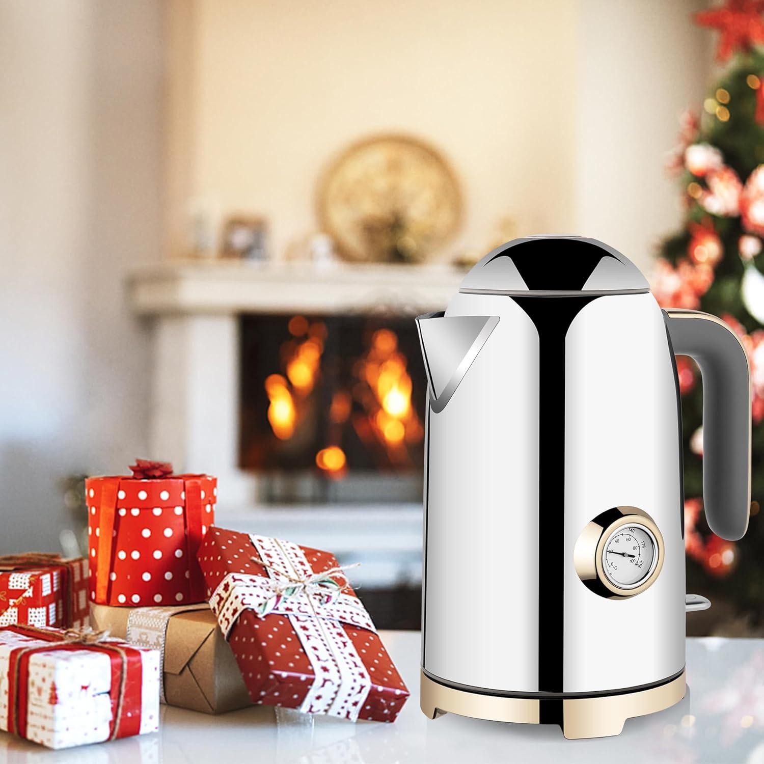 image:imageSUSTEAS Electric Kettle 57oz Hot Tea Water Boiler with Thermometer 1500W Fast Heating Stainless Steel Pot Cordless LED Indicator Auto ShutOff amp Boil Dry Protection Retro GreenGlossy Silver