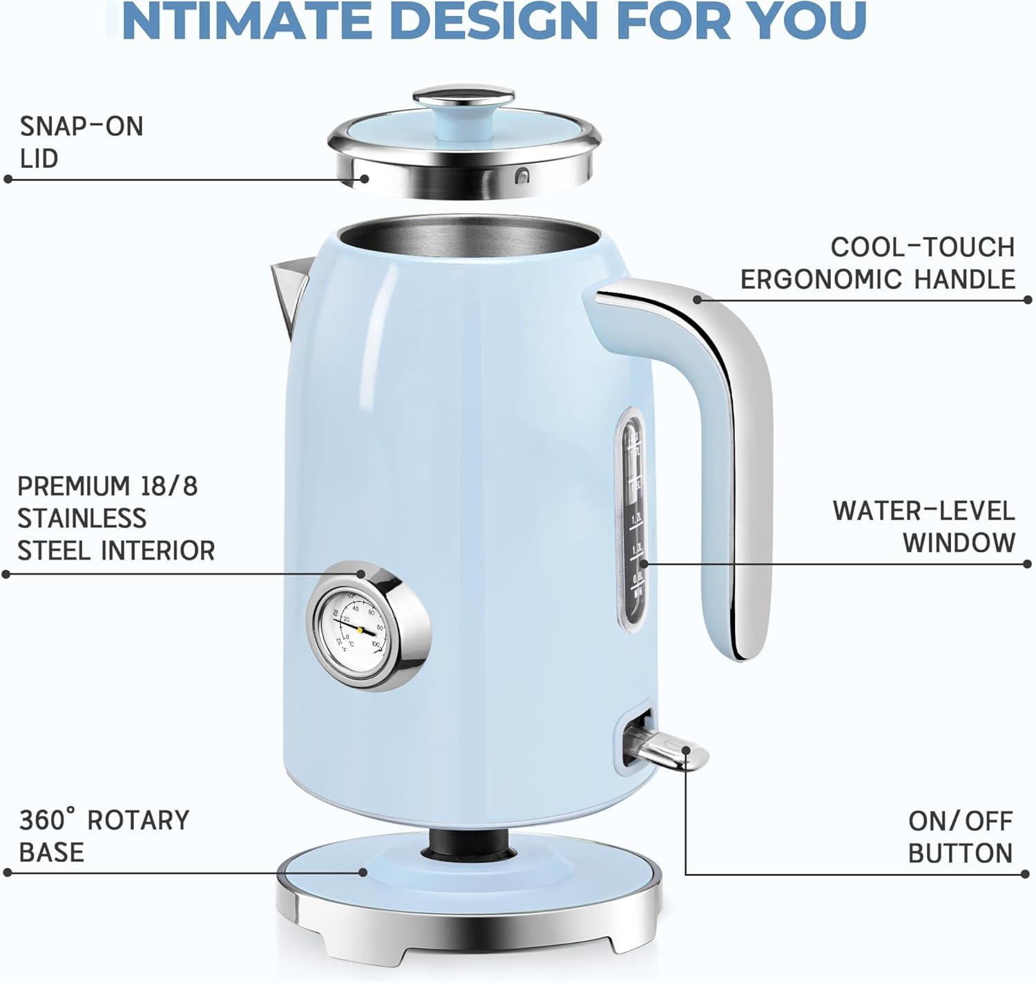 image:imageSUSTEAS Electric Kettle 57oz Hot Tea Water Boiler with Thermometer 1500W Fast Heating Stainless Steel Pot Cordless LED Indicator Auto ShutOff amp Boil Dry Protection Retro GreenBlue