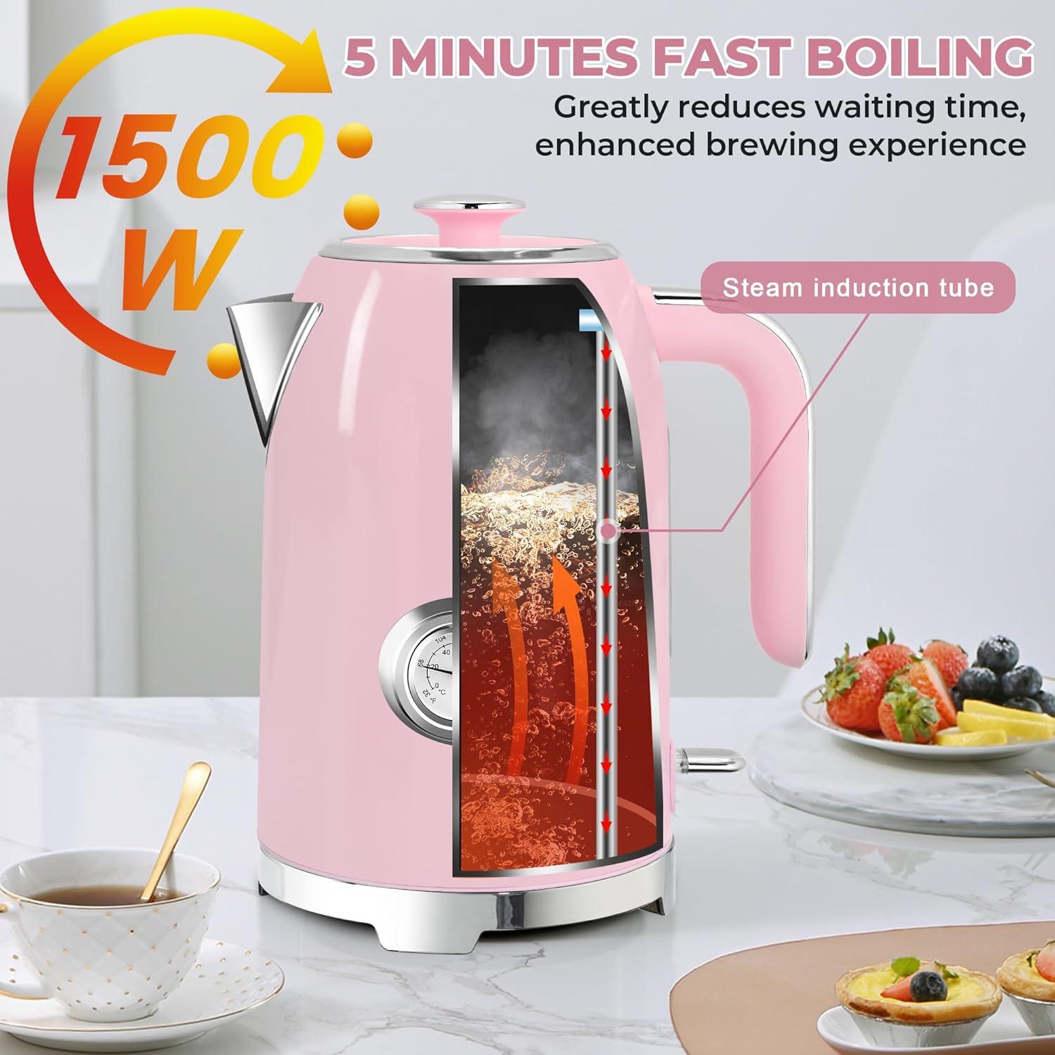 image:imageSUSTEAS Electric Kettle 57oz Hot Tea Water Boiler with Thermometer 1500W Fast Heating Stainless Steel Pot Cordless LED Indicator Auto ShutOff amp Boil Dry Protection Retro GreenPink