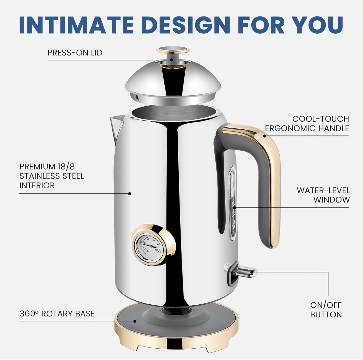 image:imageSUSTEAS Electric Kettle 57oz Hot Tea Water Boiler with Thermometer 1500W Fast Heating Stainless Steel Pot Cordless LED Indicator Auto ShutOff amp Boil Dry Protection Retro GreenGlossy Silver