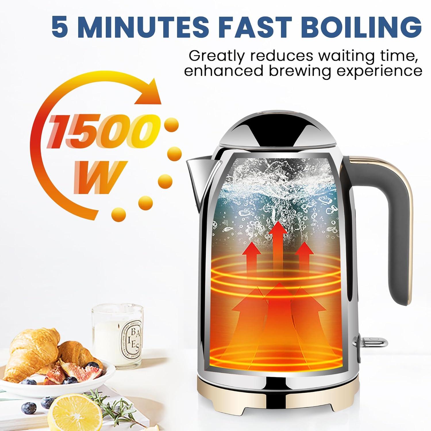 image:imageSUSTEAS Electric Kettle 57oz Hot Tea Water Boiler with Thermometer 1500W Fast Heating Stainless Steel Pot Cordless LED Indicator Auto ShutOff amp Boil Dry Protection Retro GreenGlossy Silver