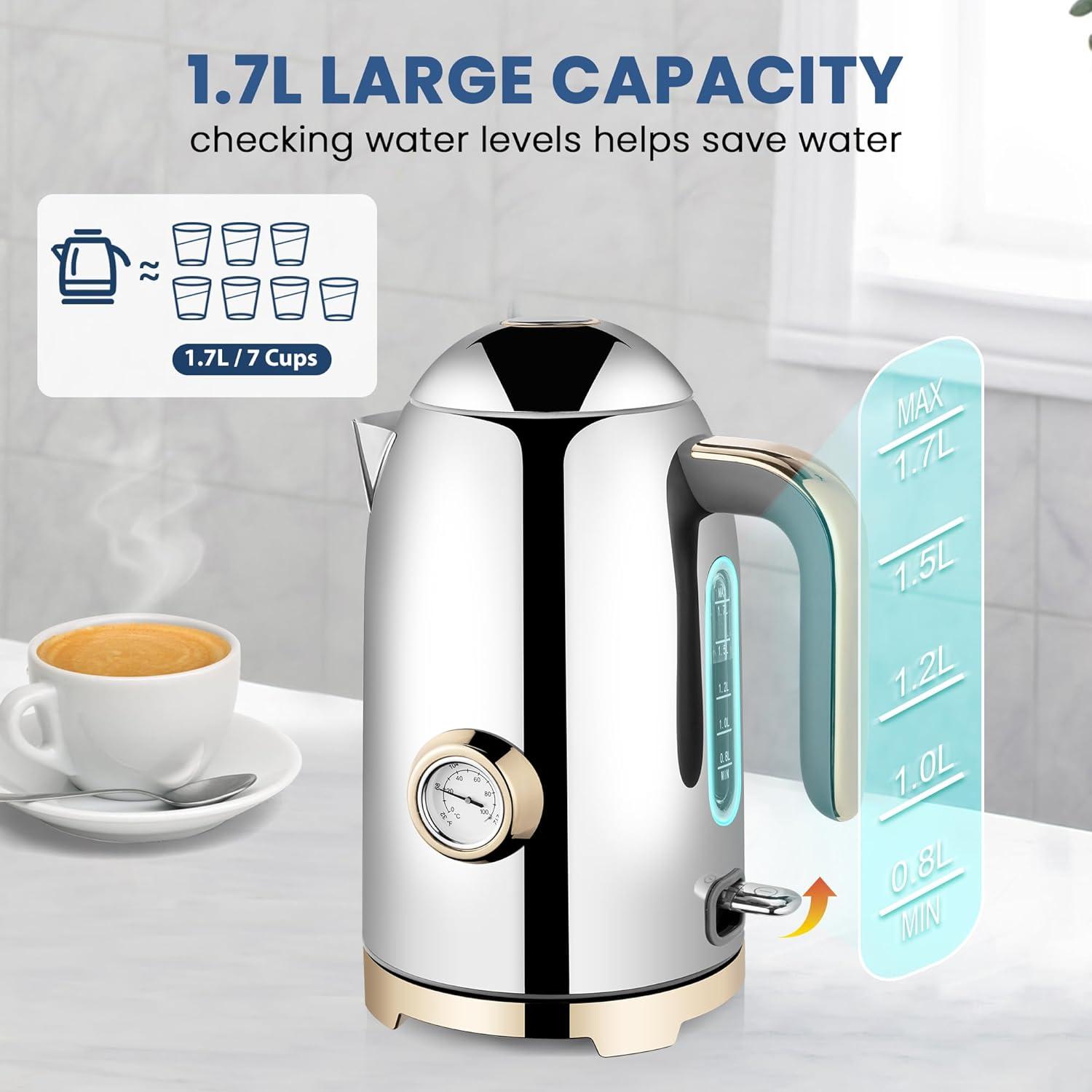 image:imageSUSTEAS Electric Kettle 57oz Hot Tea Water Boiler with Thermometer 1500W Fast Heating Stainless Steel Pot Cordless LED Indicator Auto ShutOff amp Boil Dry Protection Retro GreenGlossy Silver