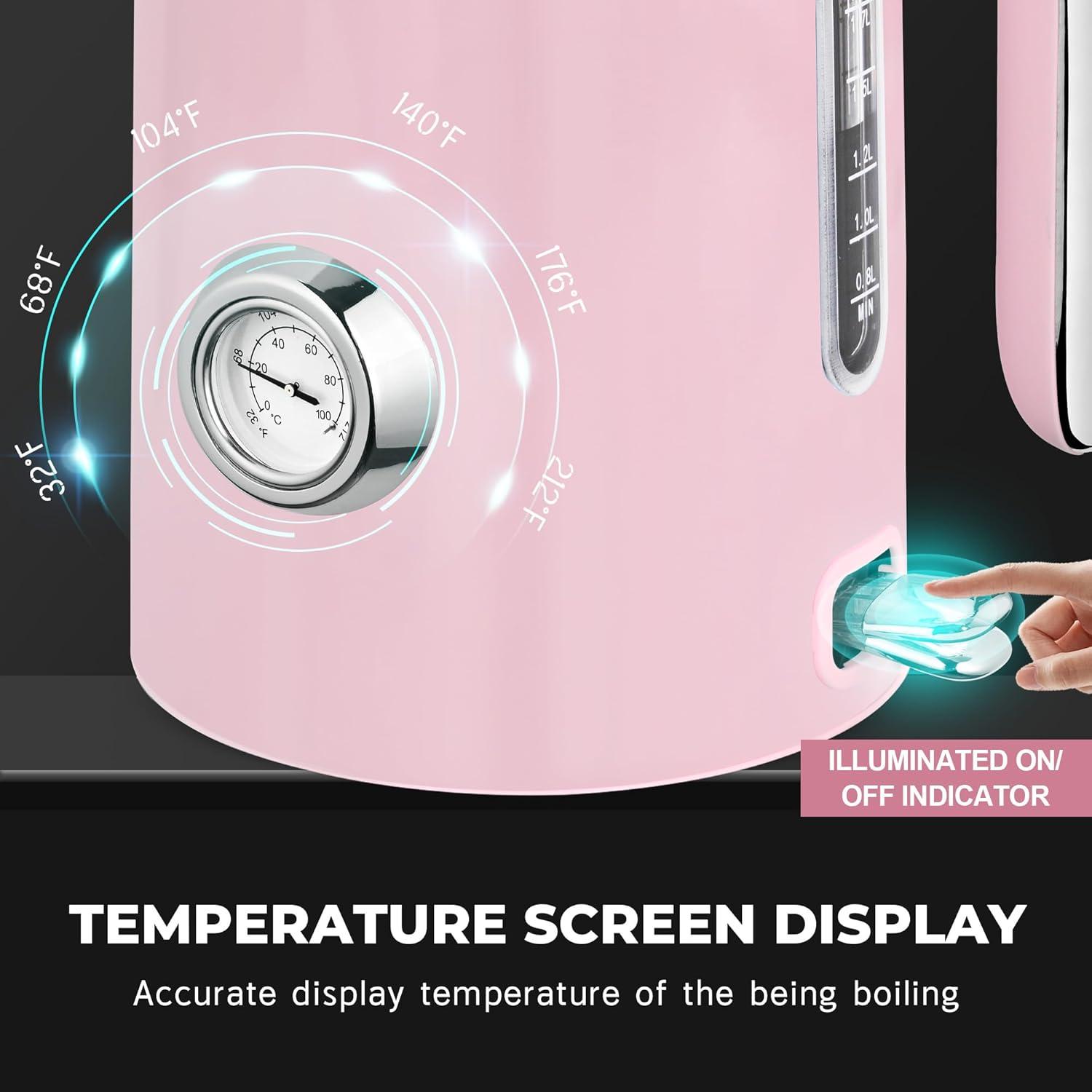 image:imageSUSTEAS Electric Kettle 57oz Hot Tea Water Boiler with Thermometer 1500W Fast Heating Stainless Steel Pot Cordless LED Indicator Auto ShutOff amp Boil Dry Protection Retro GreenPink