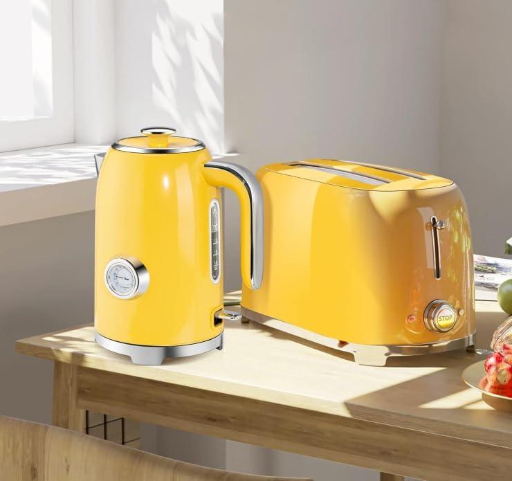 image:imageSUSTEAS Electric Kettle 57oz Hot Tea Water Boiler with Thermometer 1500W Fast Heating Stainless Steel Pot Cordless LED Indicator Auto ShutOff amp Boil Dry Protection Retro GreenRetro Yellow