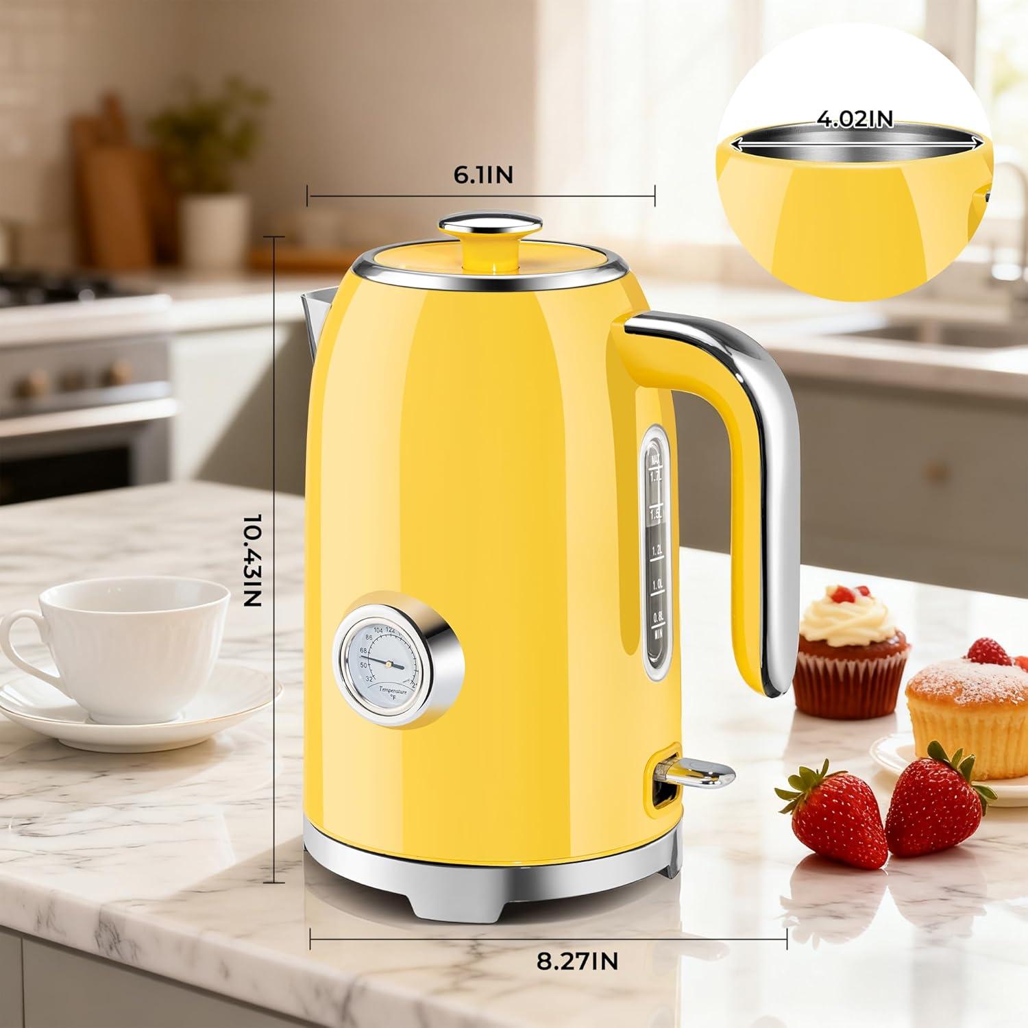 image:imageSUSTEAS Electric Kettle 57oz Hot Tea Water Boiler with Thermometer 1500W Fast Heating Stainless Steel Pot Cordless LED Indicator Auto ShutOff amp Boil Dry Protection Retro GreenRetro Yellow