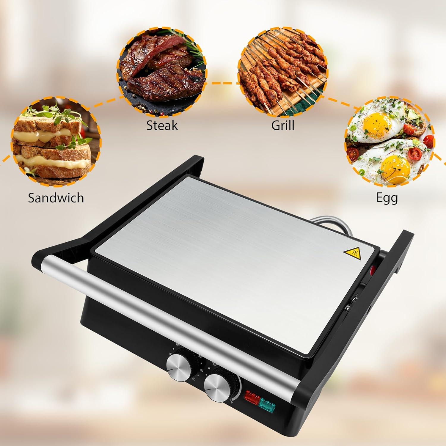 image:imageSUSTEAS Panini Press Sandwich Maker and Electric Indoor Grill with Temperature Time Setting Easy Clean Nonstick Grids Opens 180105 to Fit Any Type or Size of Food 1400W BBQ Black1400W